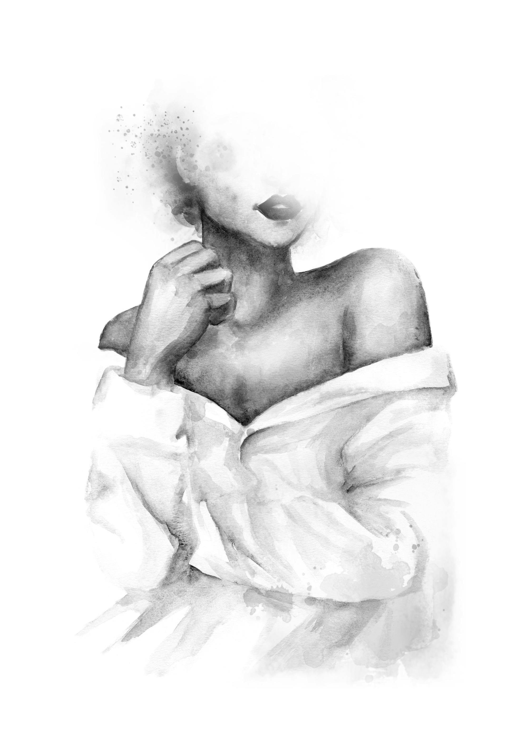 Zwart-wit aquarel poster van een vrouw met blote schouders in een overhemd, minimalistische stijl.