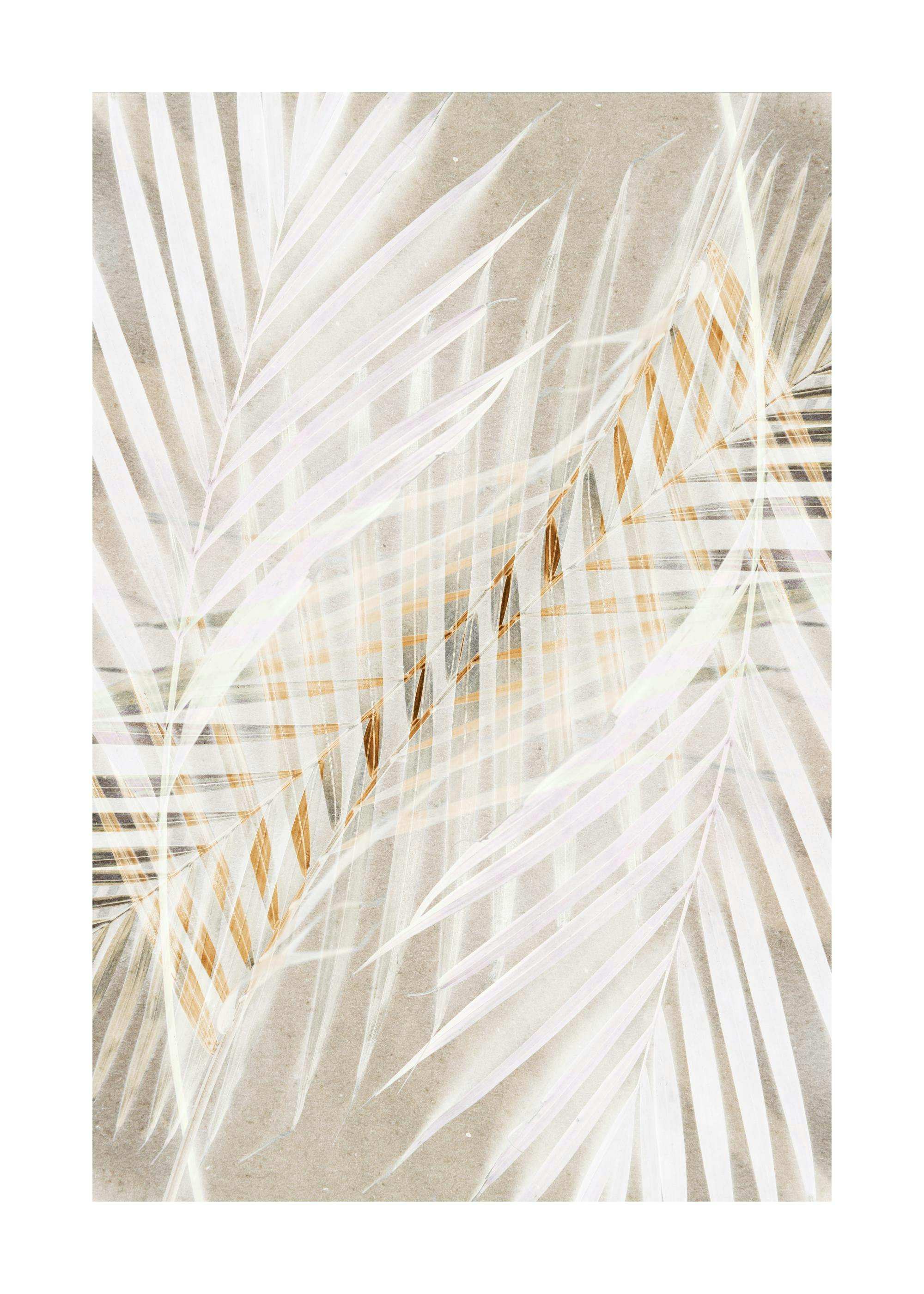 White palm leaves art print with subtle golden brown accents on a light beige background, tropical botanical poster.