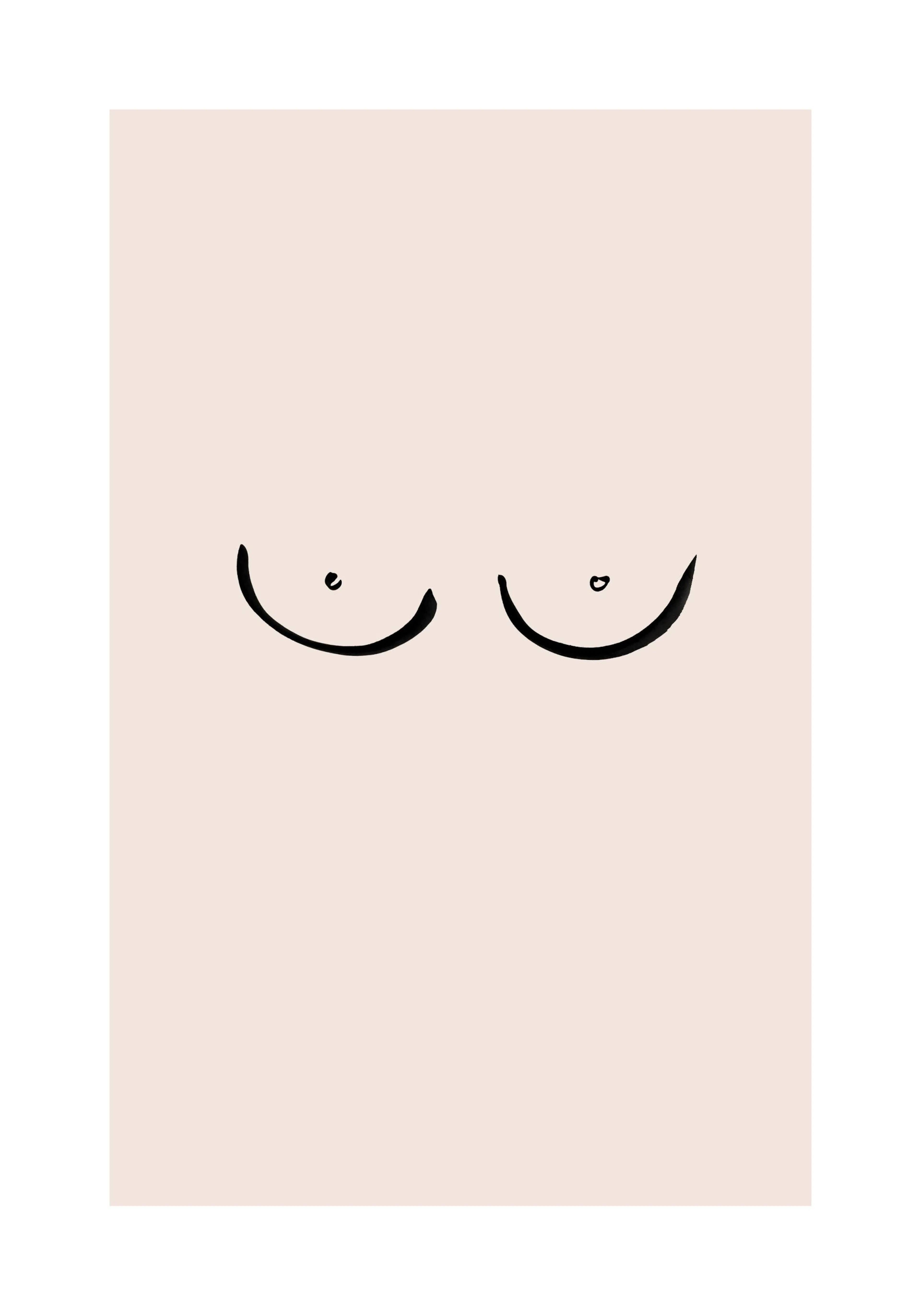 Minimalistisches Boobs-Zeichnung Poster: Zwei schwarze, geschwungene Linien mit Punkten auf hellbeigem Hintergrund.