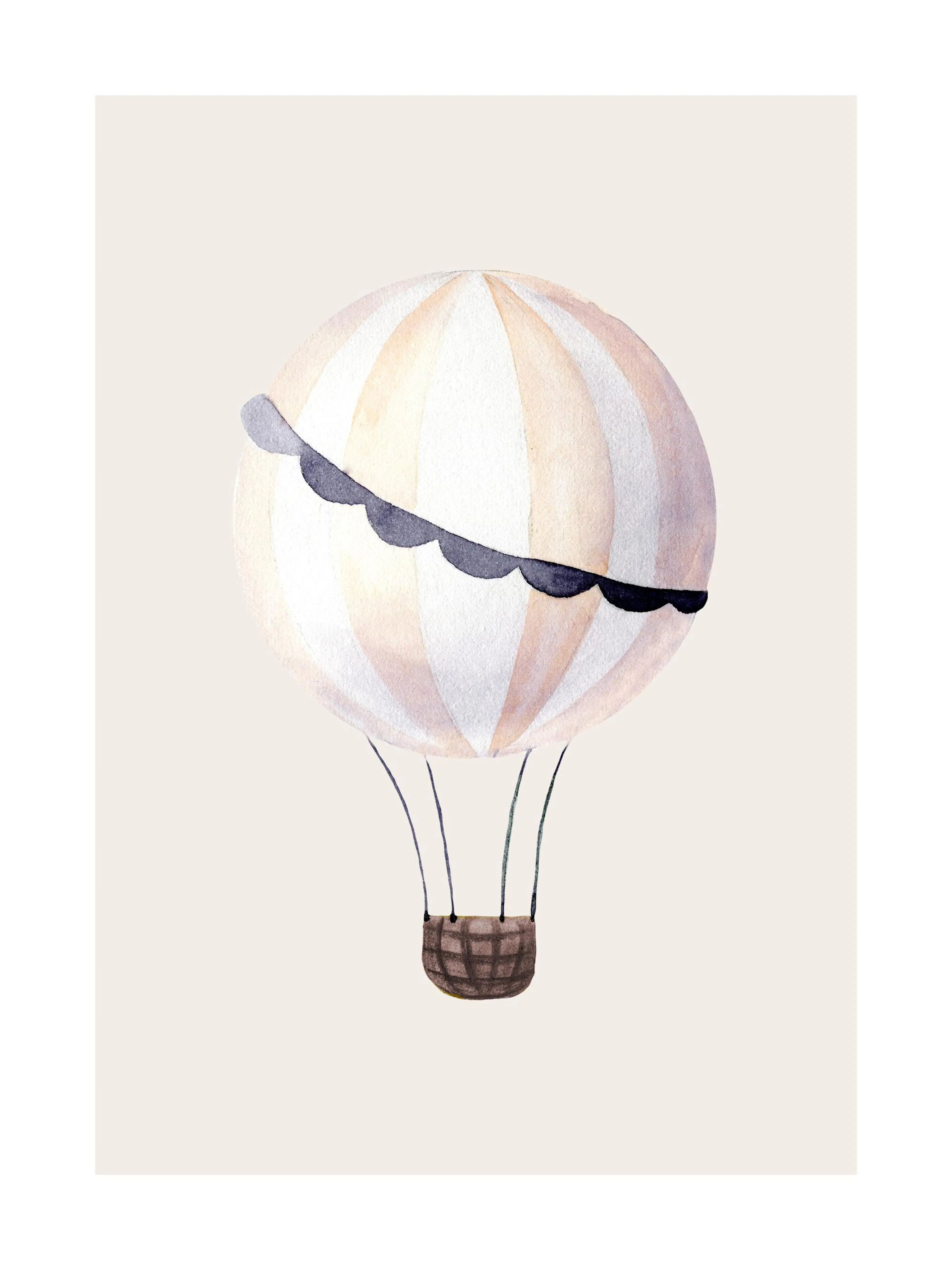 Watercolor hot air balloon print with light stripes and a dark scalloped edge, perfect as a poster.