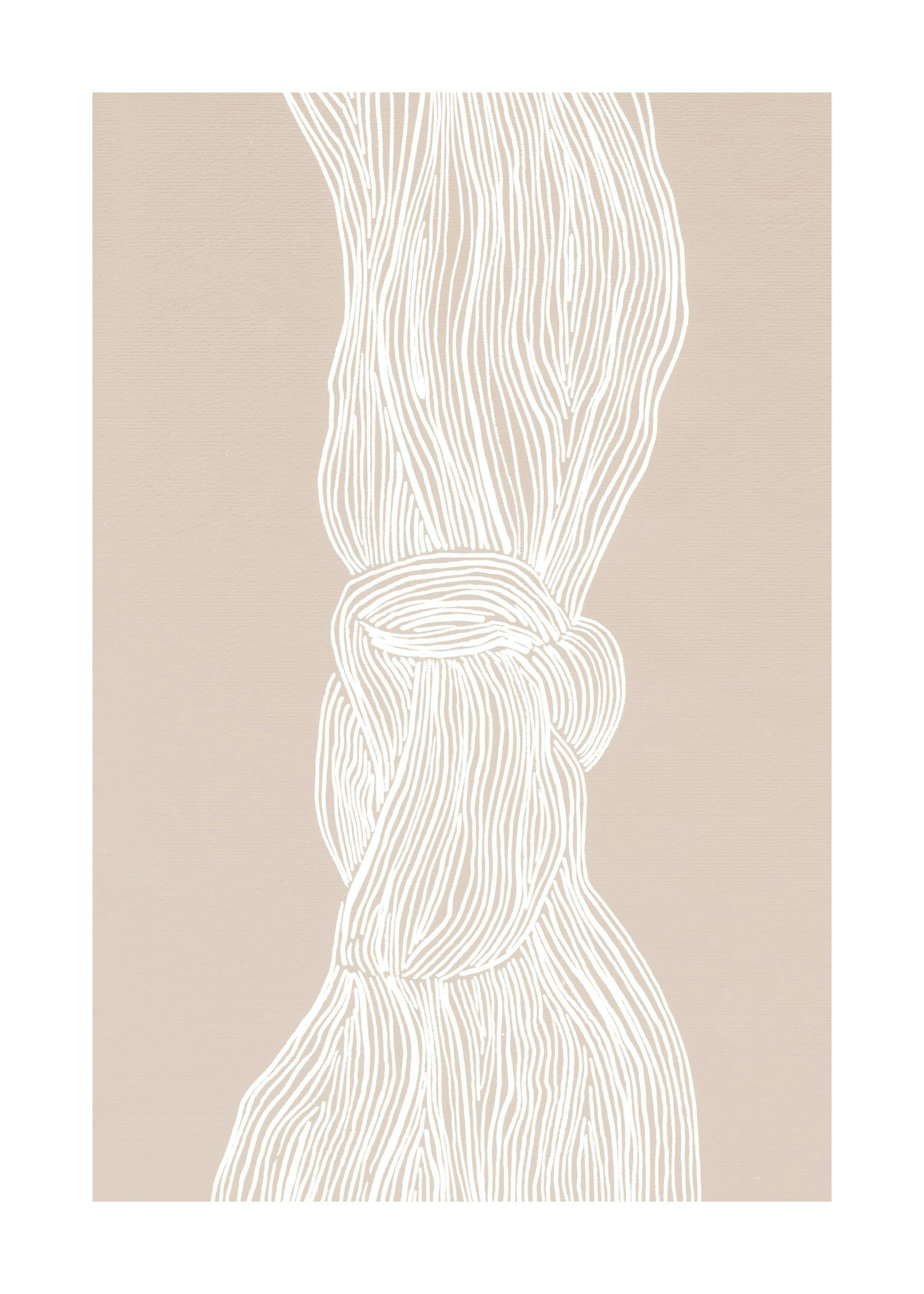 Abstrakt illustration av vita linjer som flätas samman på en beige bakgrund, liknar en knut eller fläta.