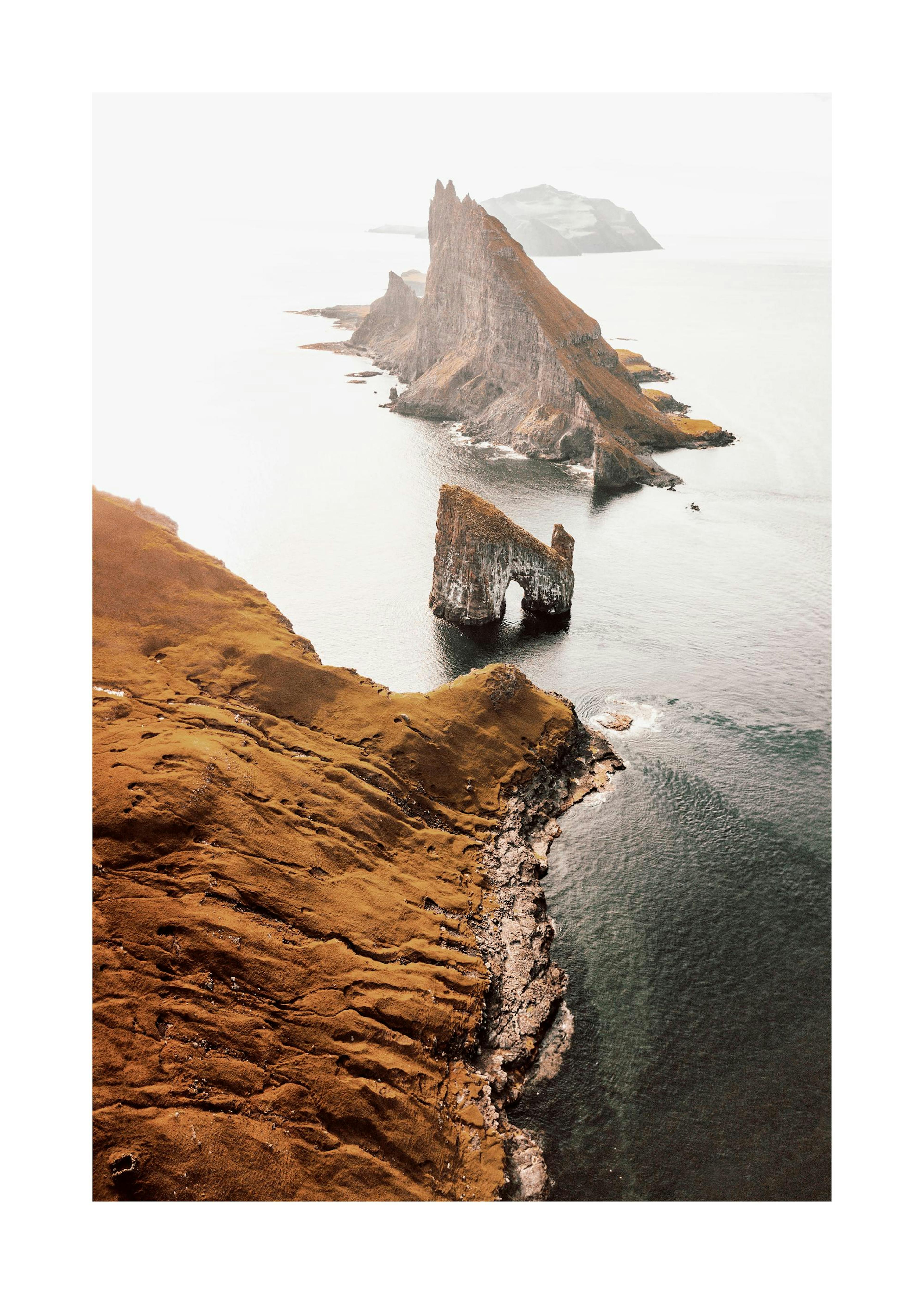 Faroe Island landscape poster with a natural arch rock formation, brown cliffs, and dark grey sea.