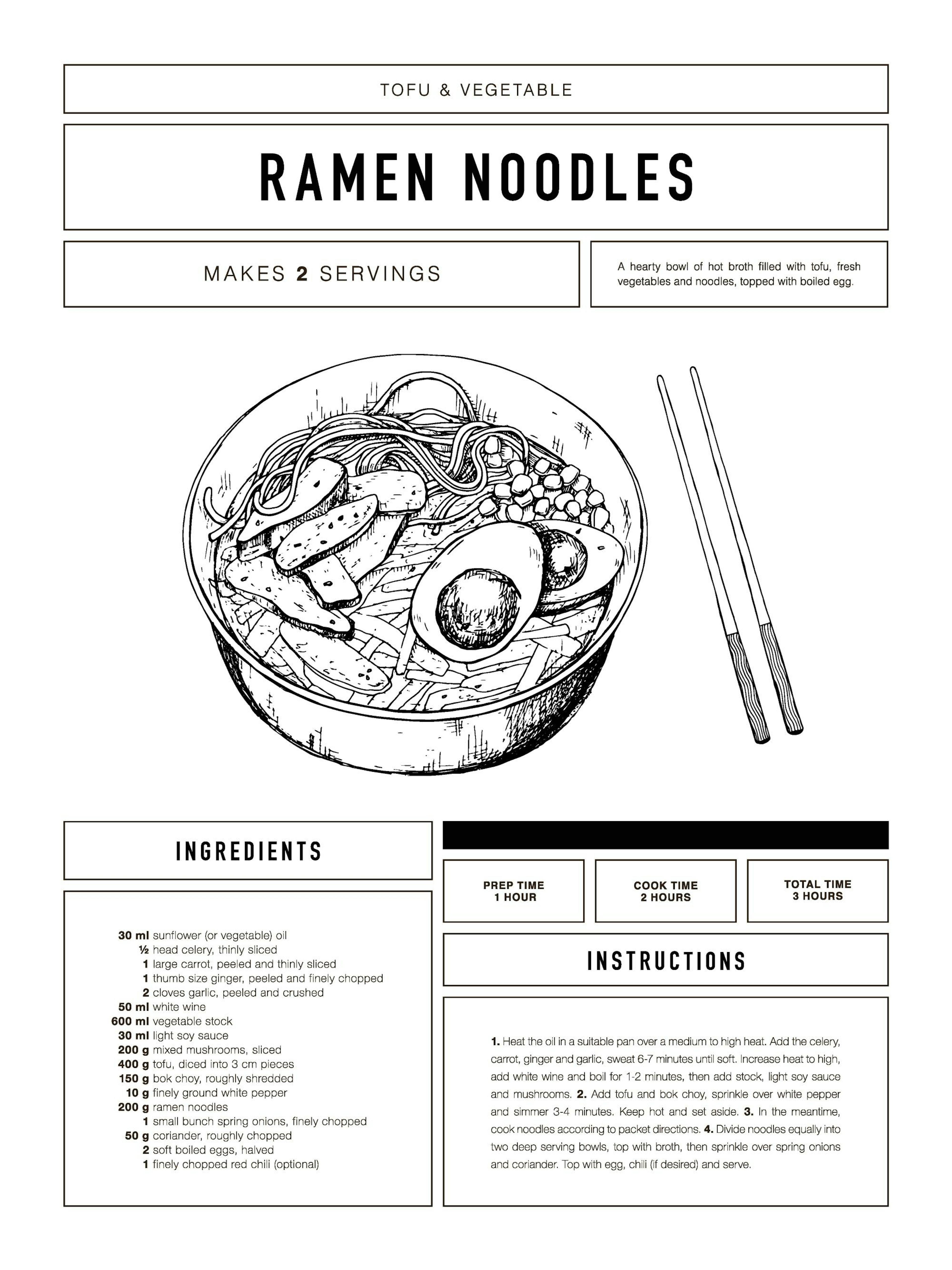 Affiche noir et blanc dune recette de ramen avec illustration de bol et baguettes