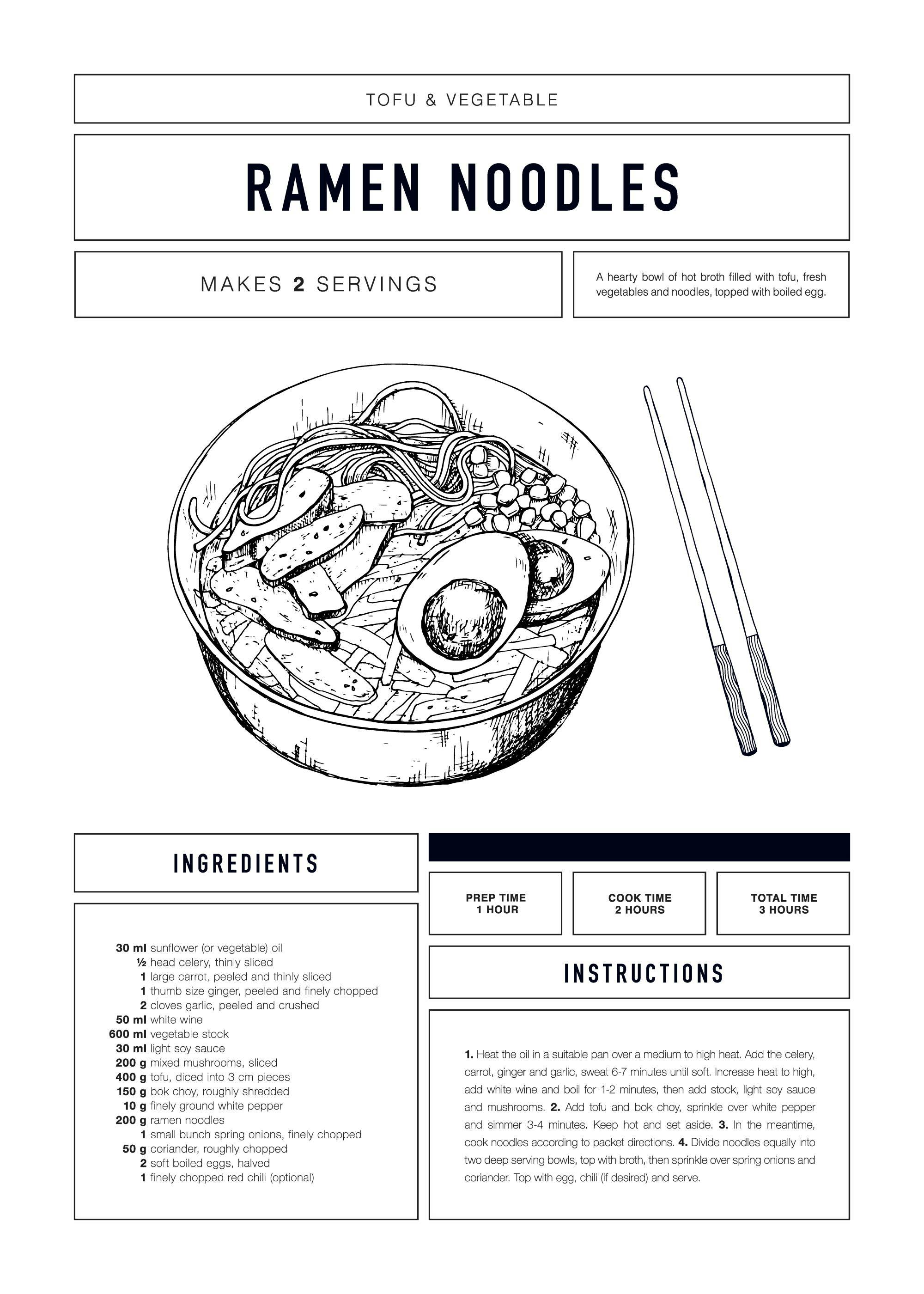 Black and white ramen recipe poster with ingredients and instructions, featuring a detailed illustration of a ramen bowl and cho