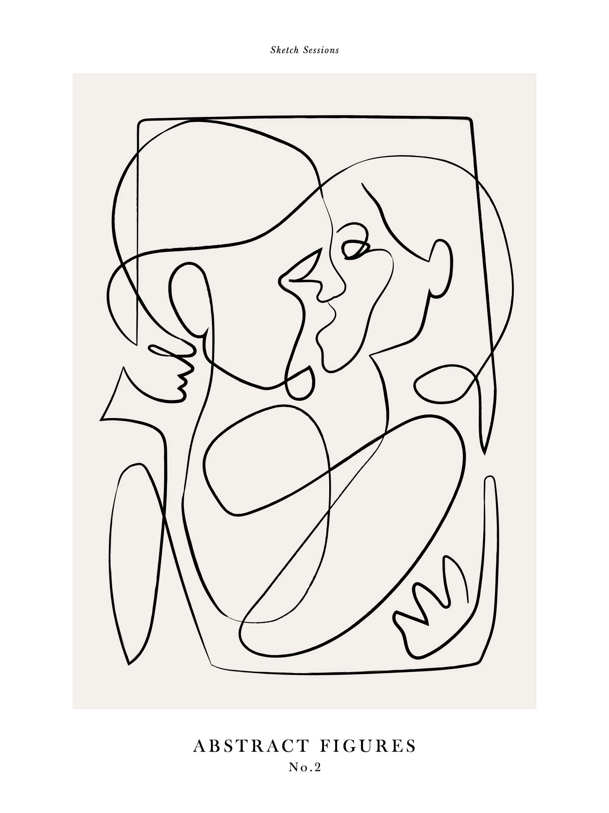 Abstrakt illustration av två omfamnande och kyssande personer i svart line art på beige bakgrund.