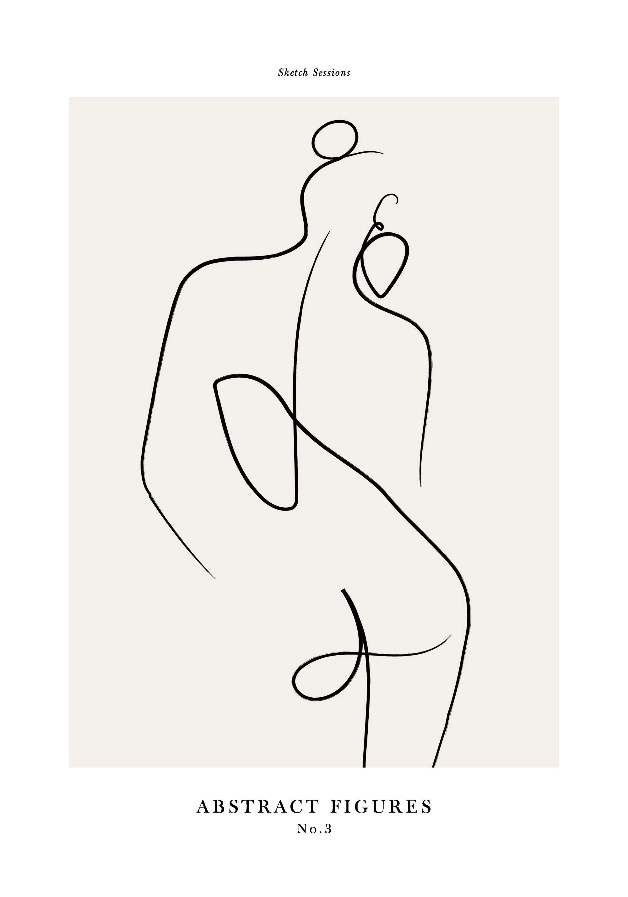 Ilustración abstracta de cuerpo femenino desnudo de espaldas, arte lineal negro sobre fondo beige, estilo minimalista.