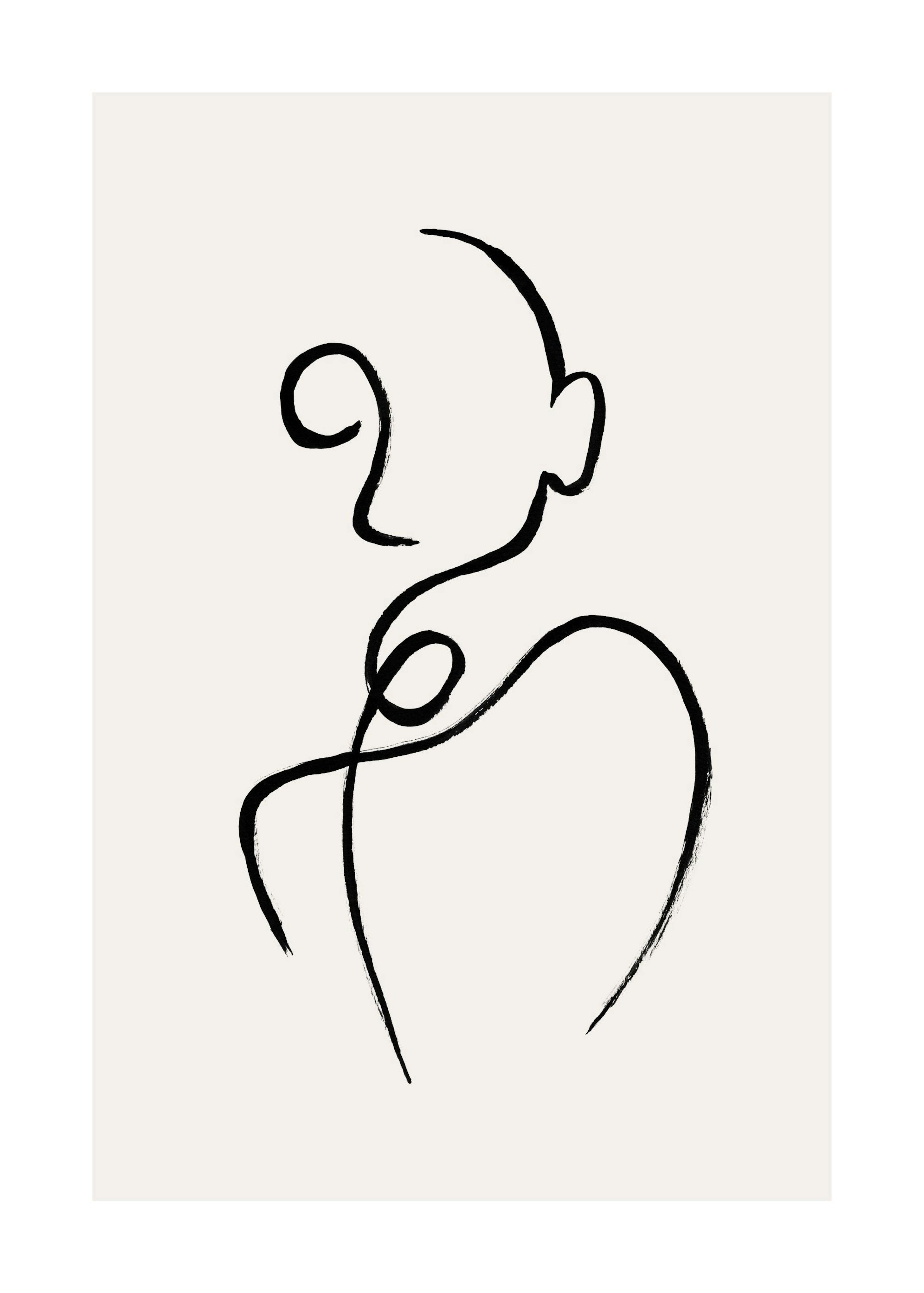 Black abstract line art drawing of a human figure on a light background, hand-painted lines, minimalist poster print