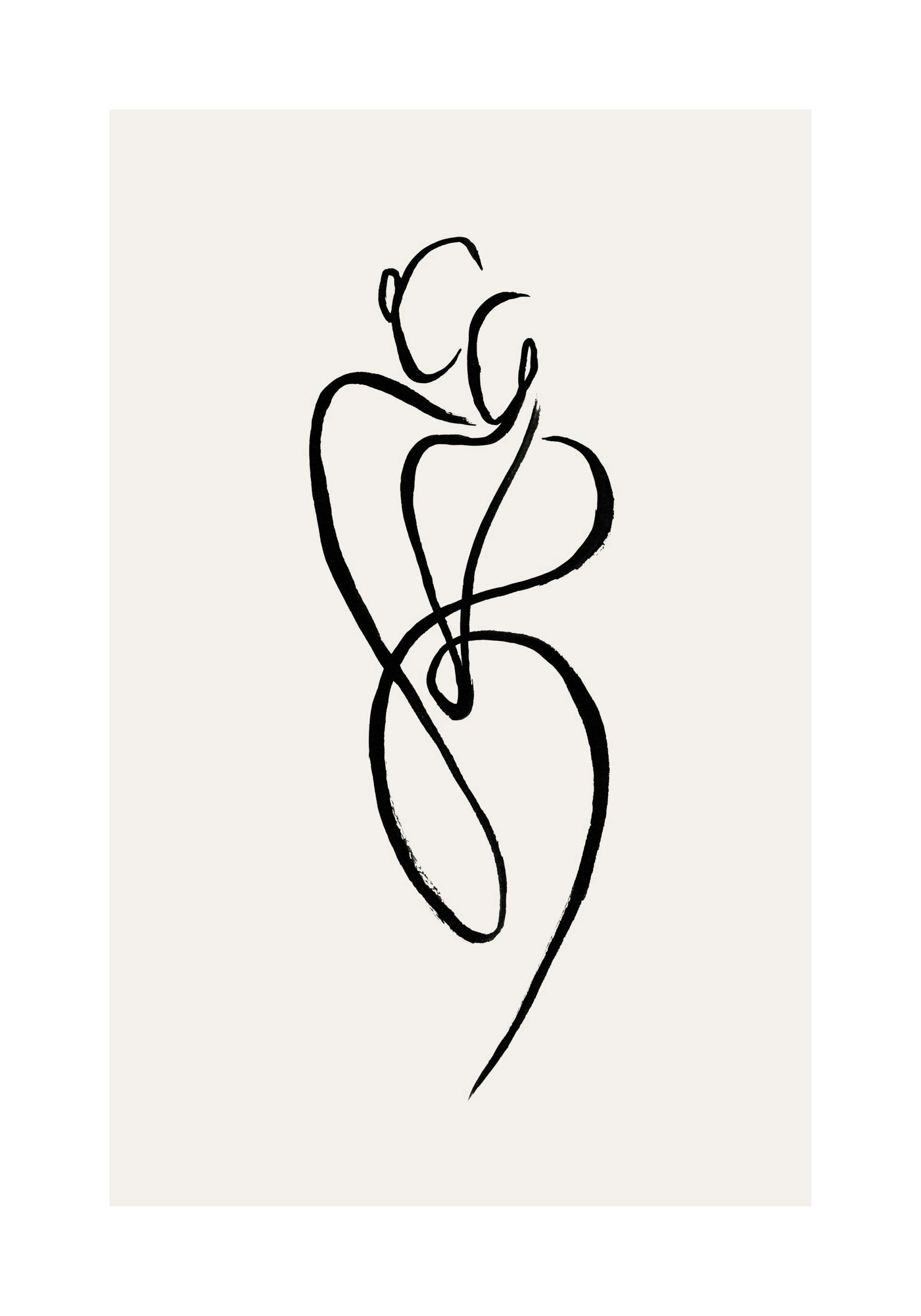Abstract black line art of two figures embracing on a light background, hand-painted poster print.