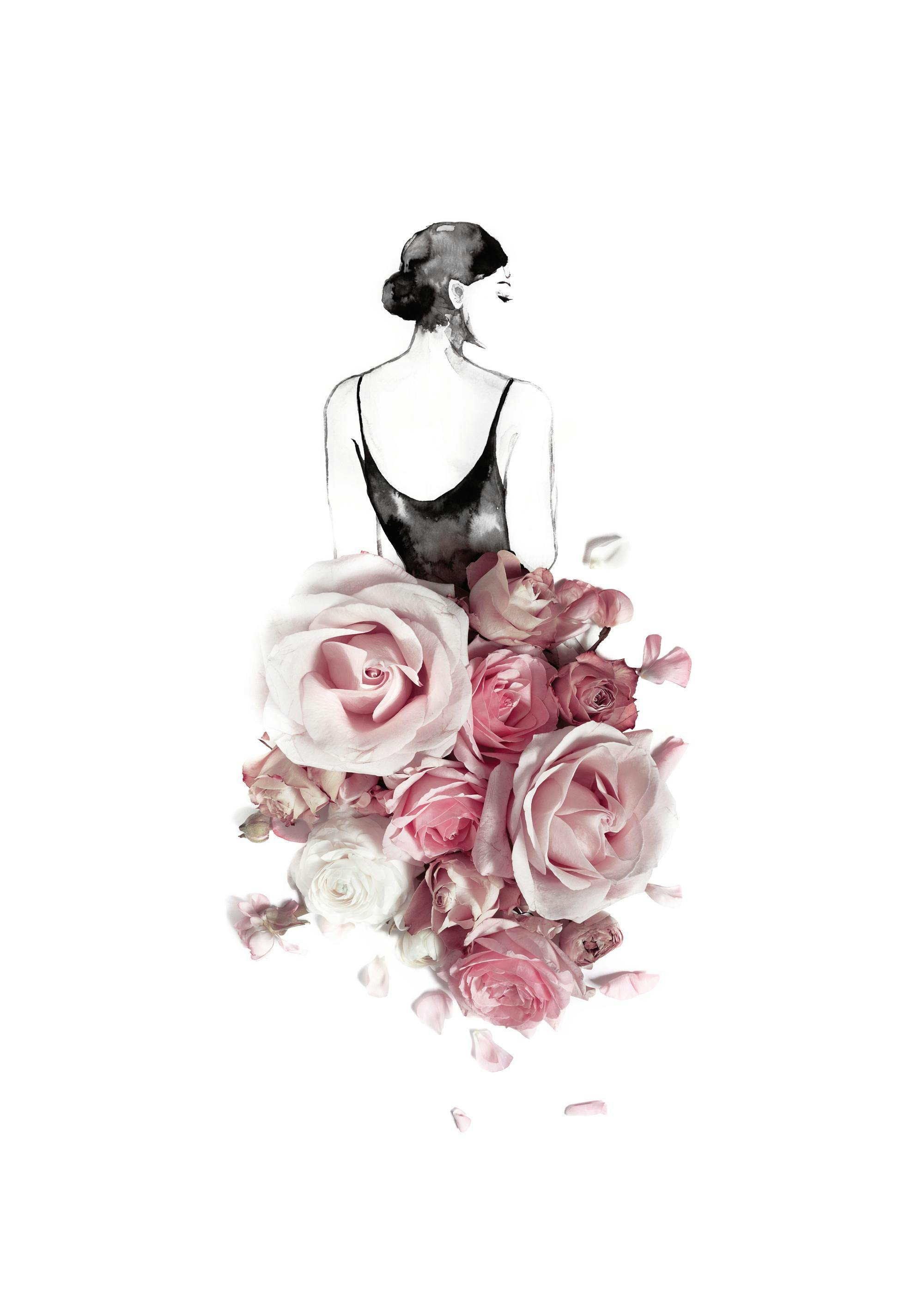 Akvarel illustration af kvinde bagfra med en kjole lavet af lyserøde og hvide roser og kronblade, Rose Skirt Plakat.