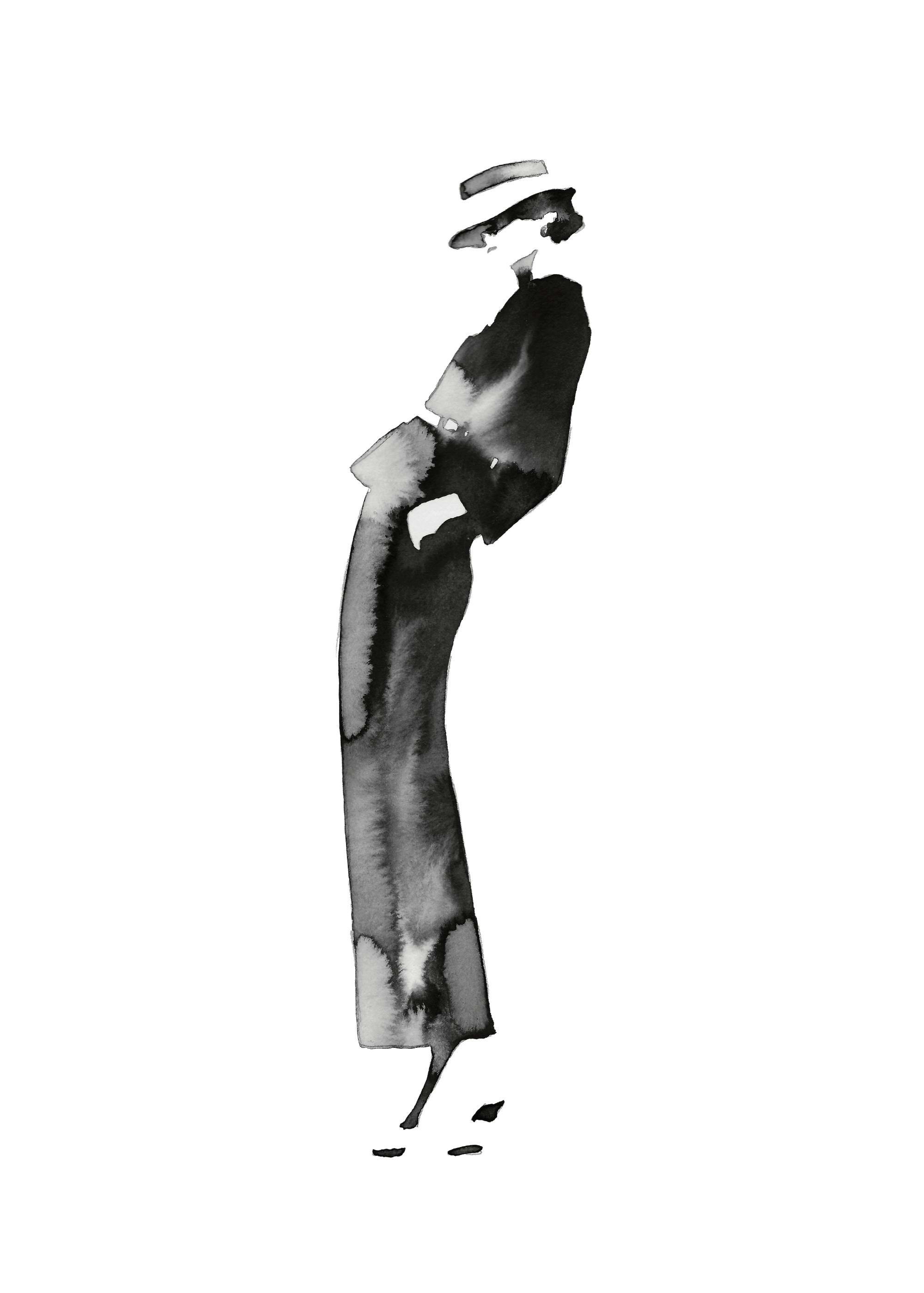 Póster de moda acuarela, figura femenina elegante con sombrero, diseño artístico Coco en blanco y negro.