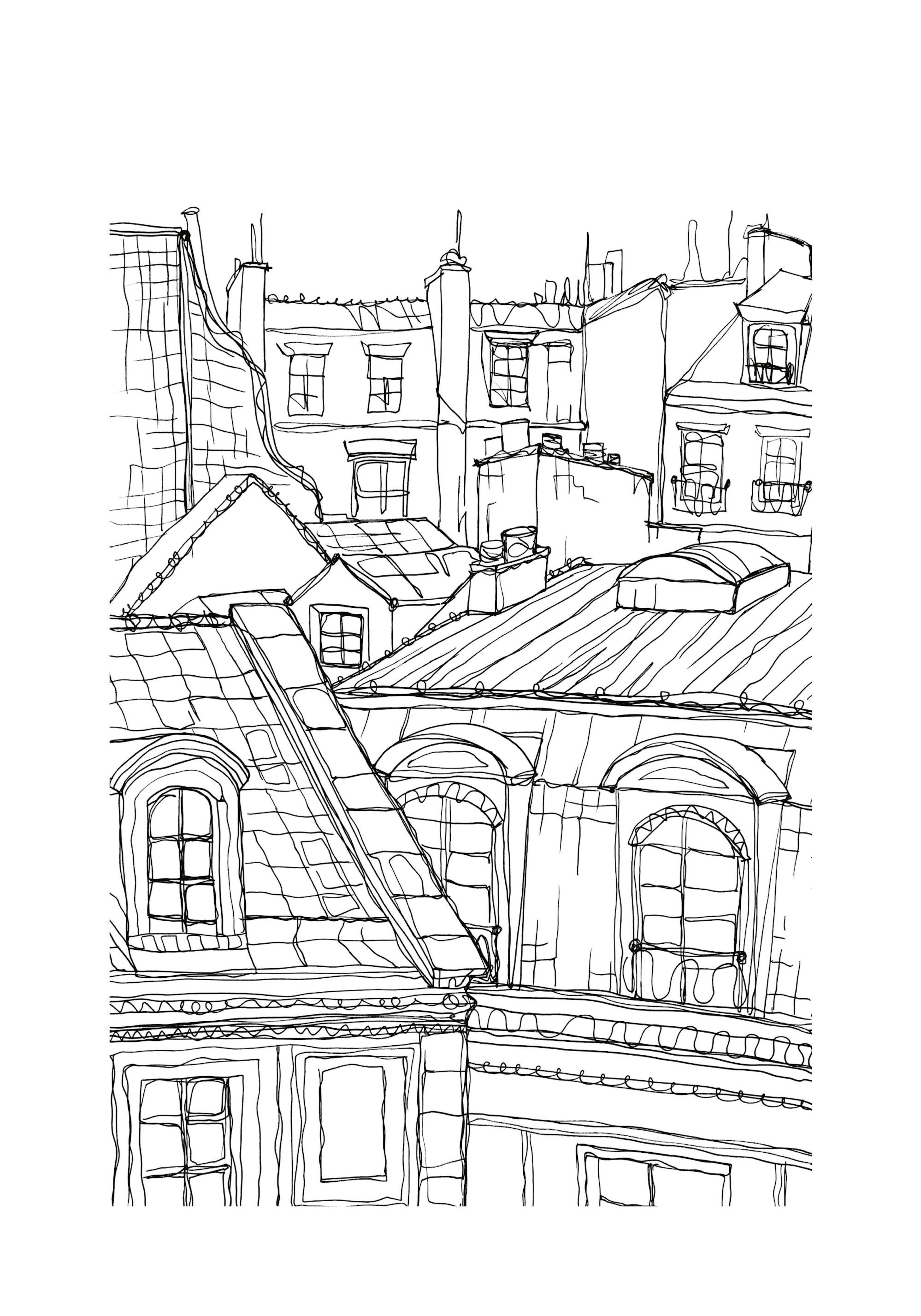 Dibujo lineal blanco y negro de los tejados de París, incluyendo buhardillas y chimeneas.