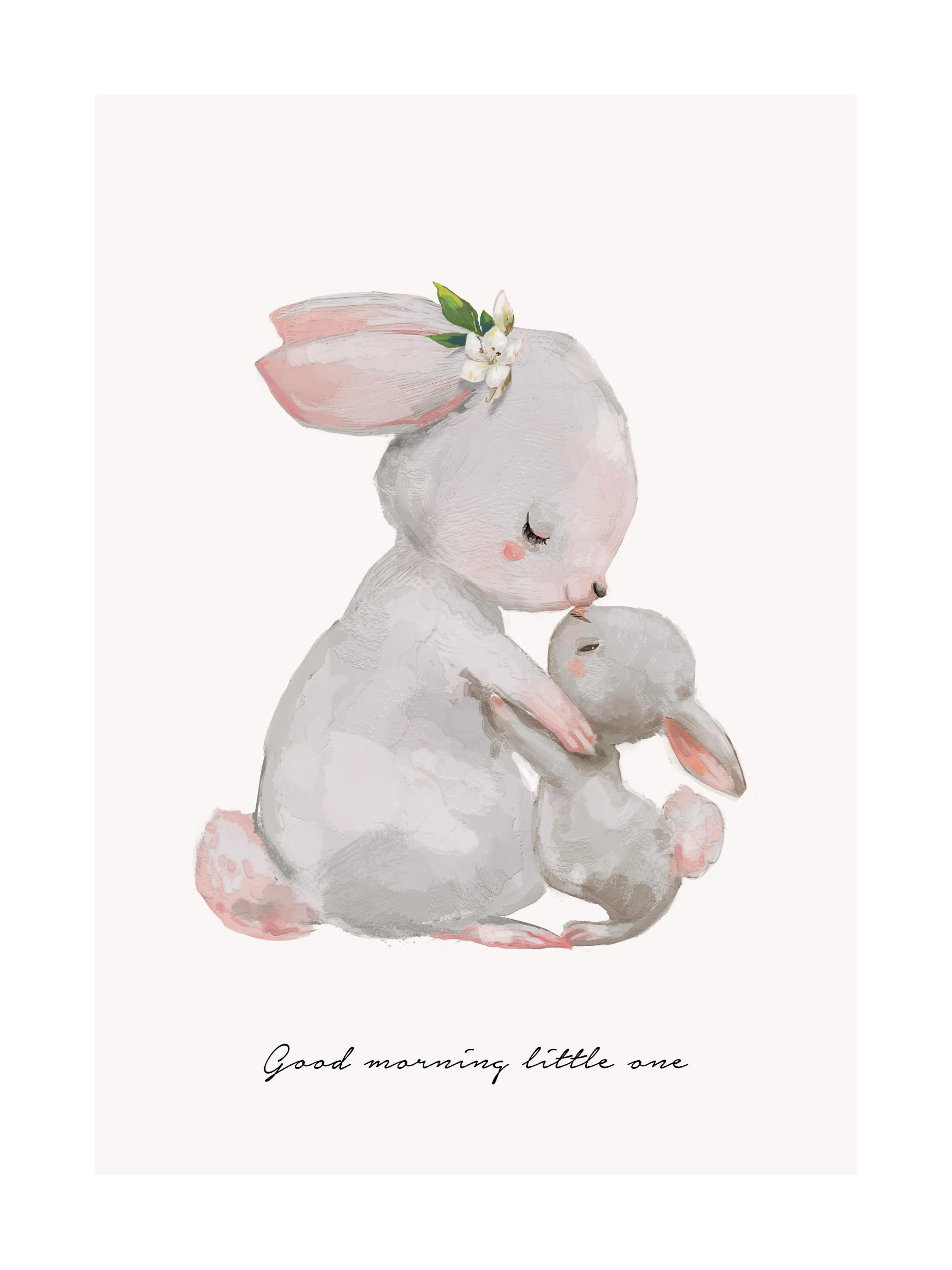 Affiche dillustration de maman lapin et son petit sembrassant avec le texte Good morning little one. Typographie enfantine.