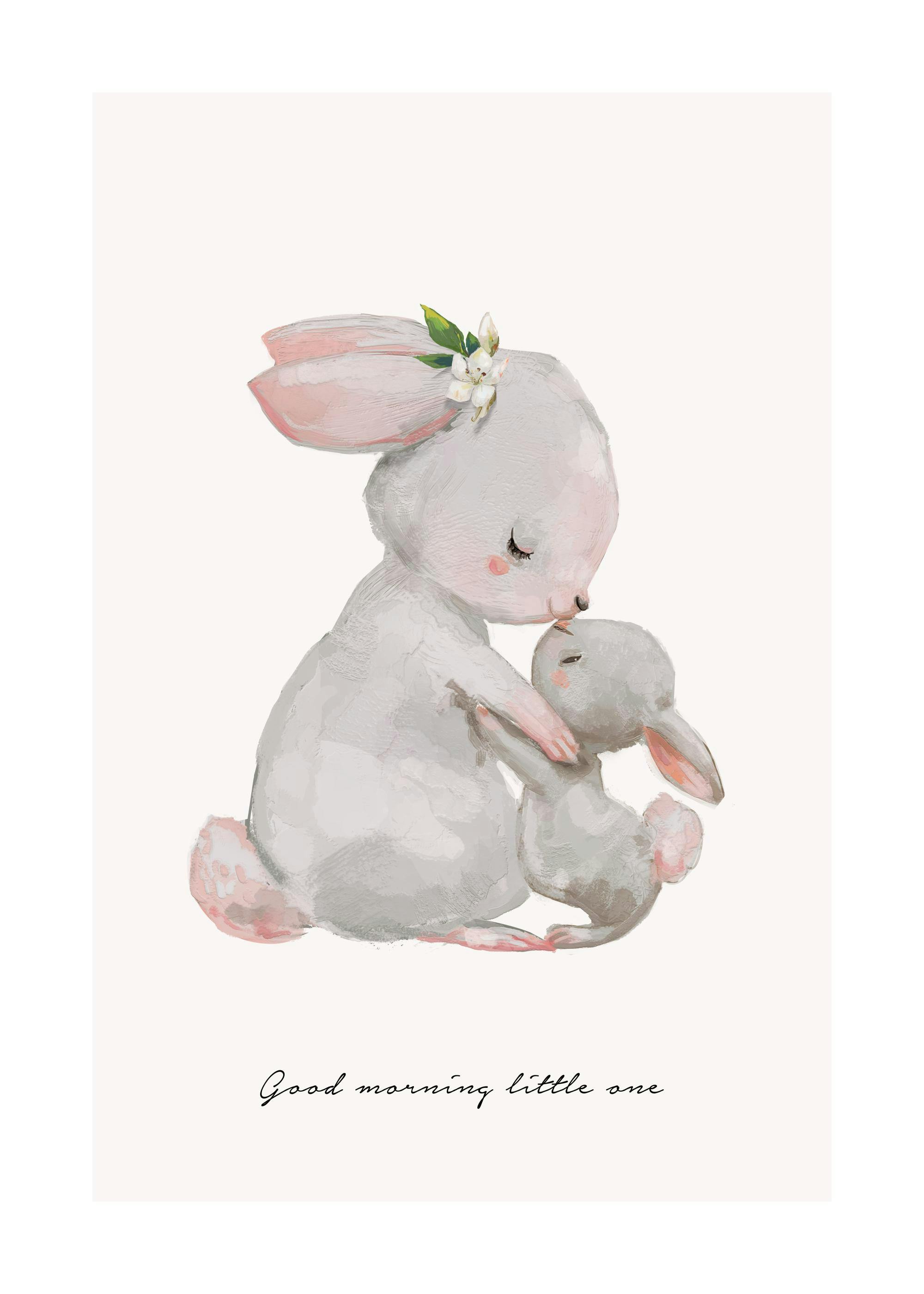 Watercolor illustration of a mother bunny kissing her baby bunny, with Good morning little one text.