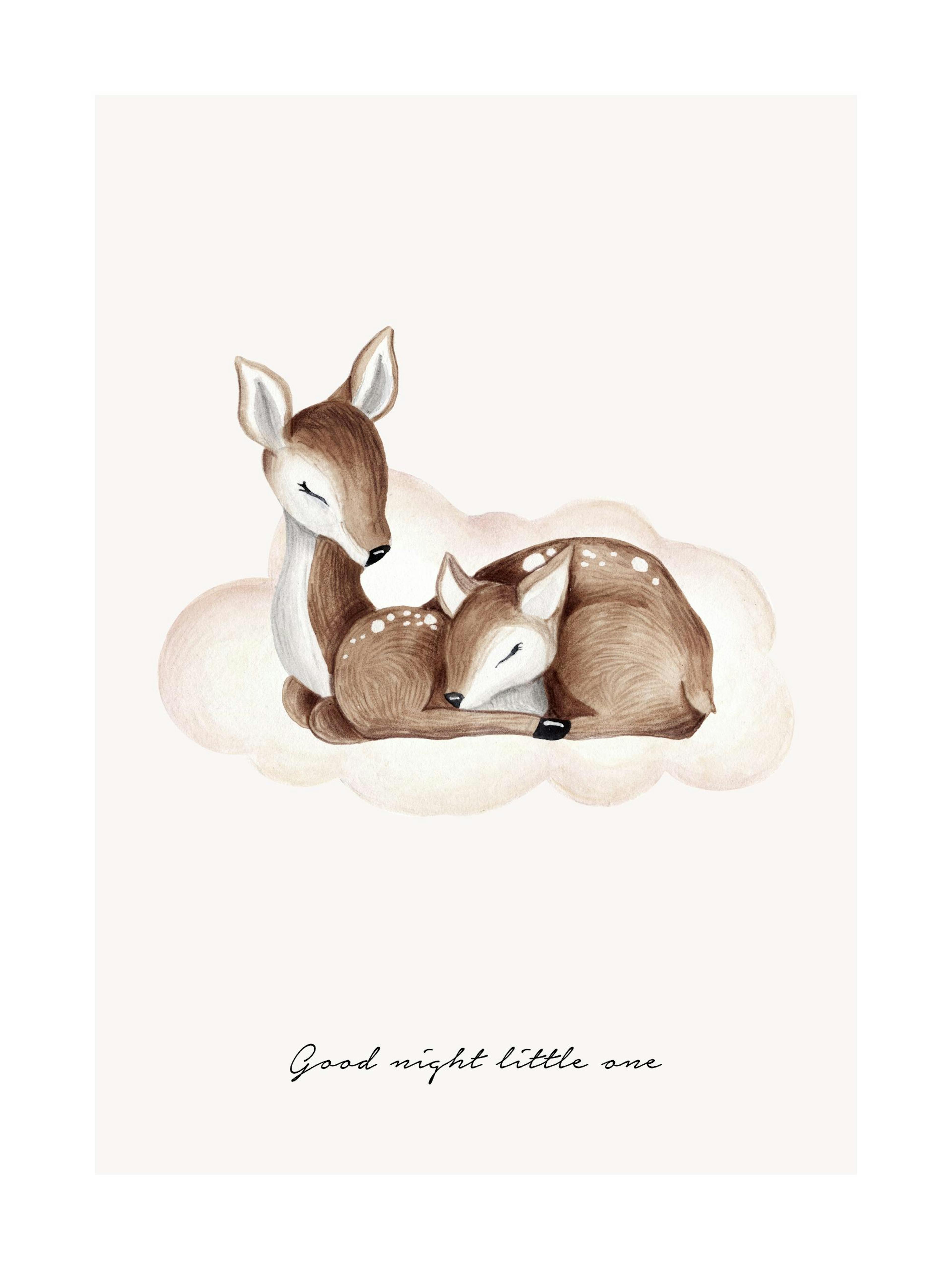 A cozy print of a sleeping mother deer and fawn on a cloud, hanging above a wooden table with toys.