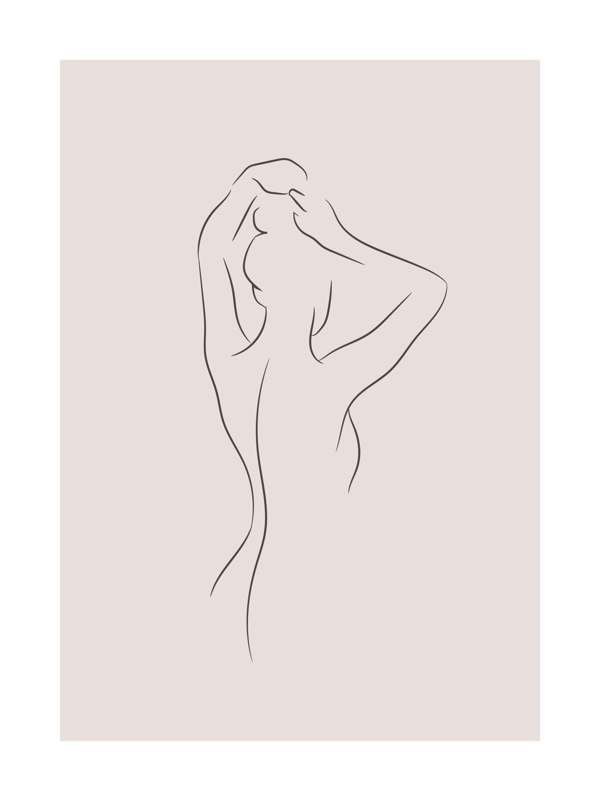 Illustrazione line art di una donna di schiena che si acconcia i capelli, su sfondo beige. Poster minimalista.