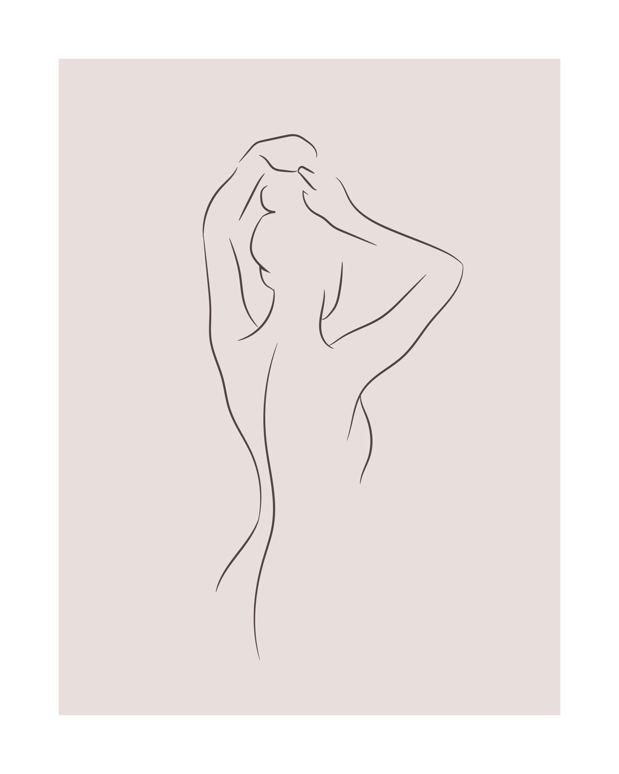 Illustrazione line art di una donna di schiena che si acconcia i capelli, su sfondo beige. Poster minimalista.