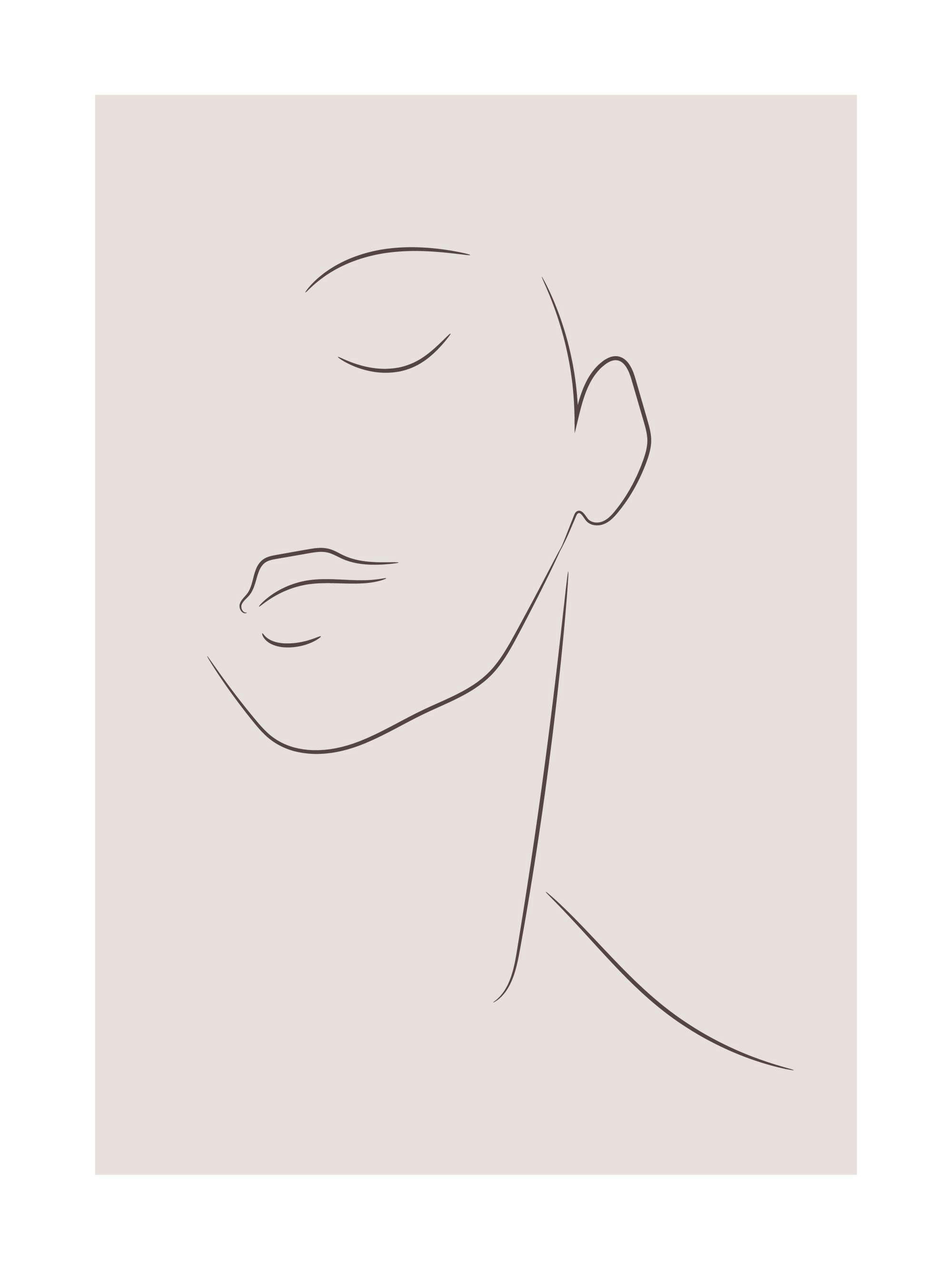 Line art volto donna occhi chiusi, stile moderno minimalista, sfondo beige.