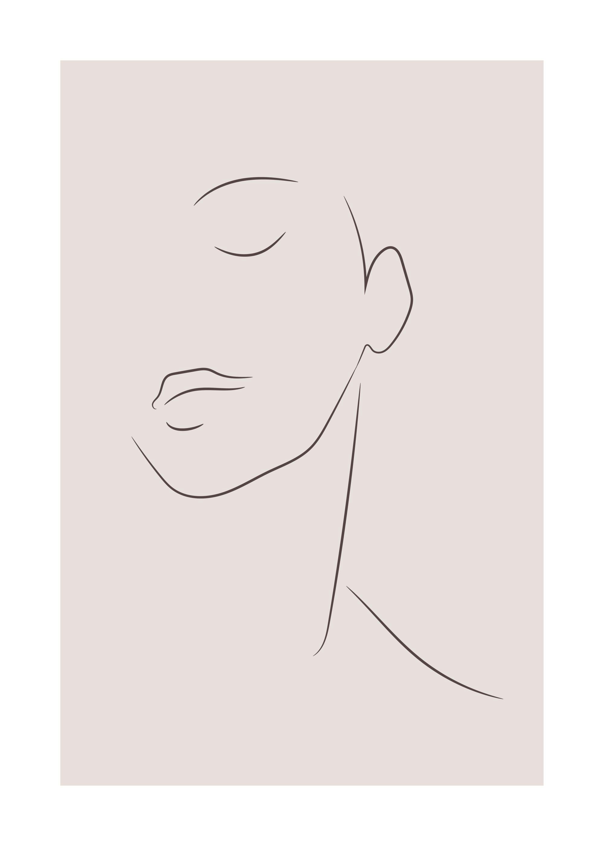 Affiche avec illustration au trait dun visage aux yeux fermés sur fond beige. Typographie moderne.