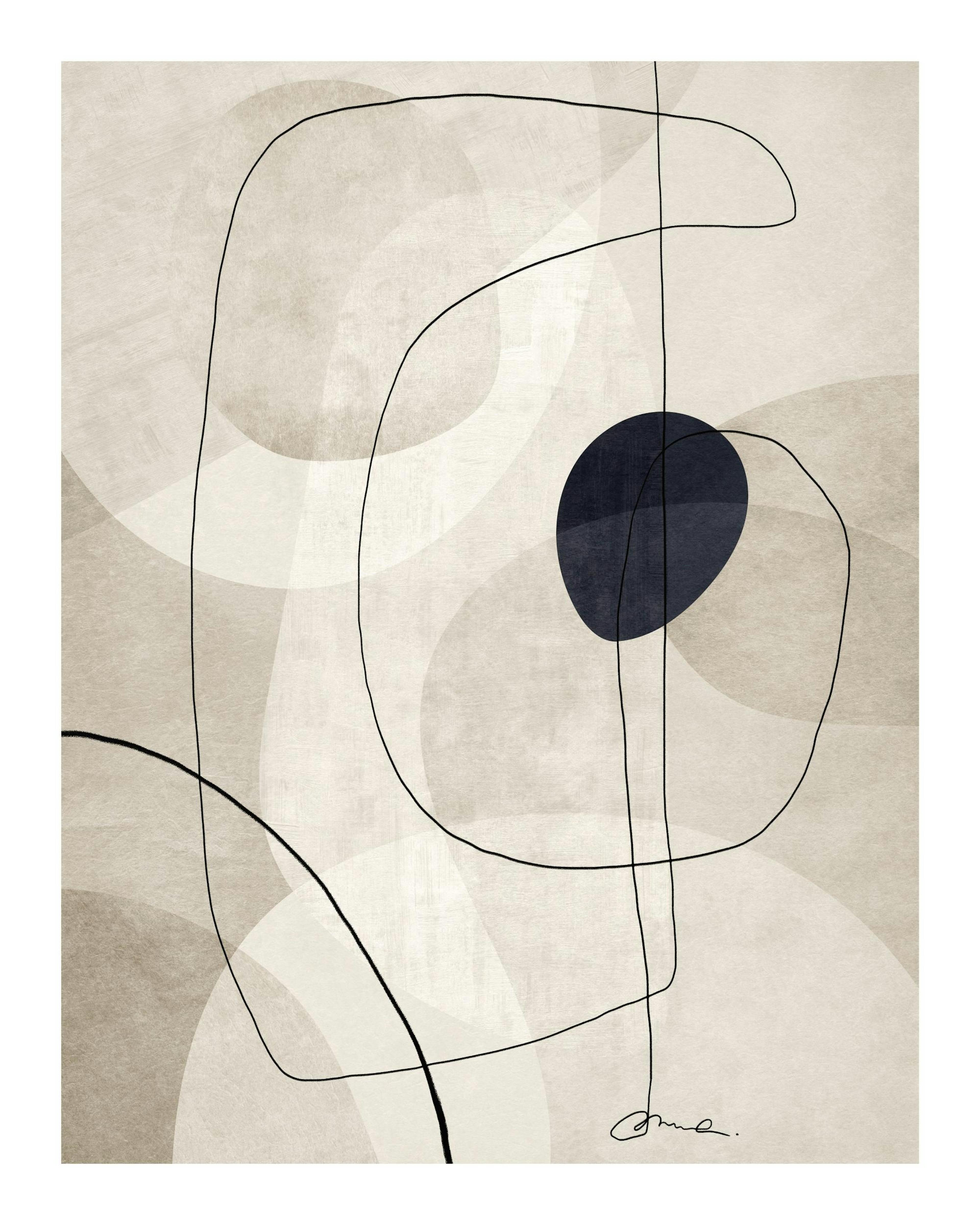 Grafisk abstrakt konst med svarta linjer och beige former, inklusive en mörkblå cirkel, på en ljus bakgrund.
