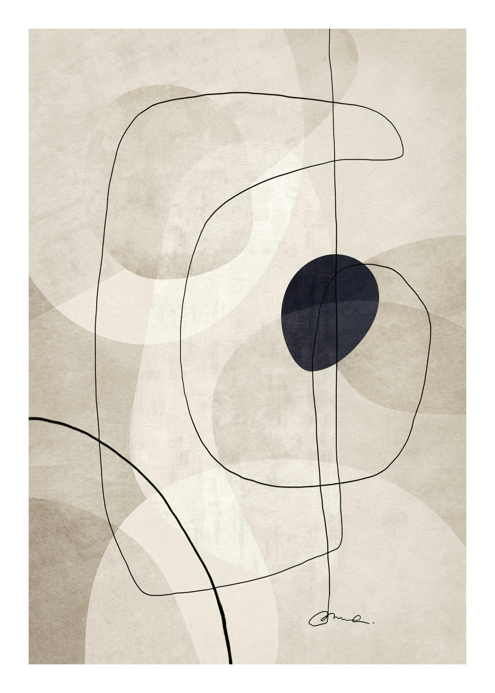 Affiche de lignes noires et formes graphiques beiges abstraites, avec un cercle noir. Typographie moderne.