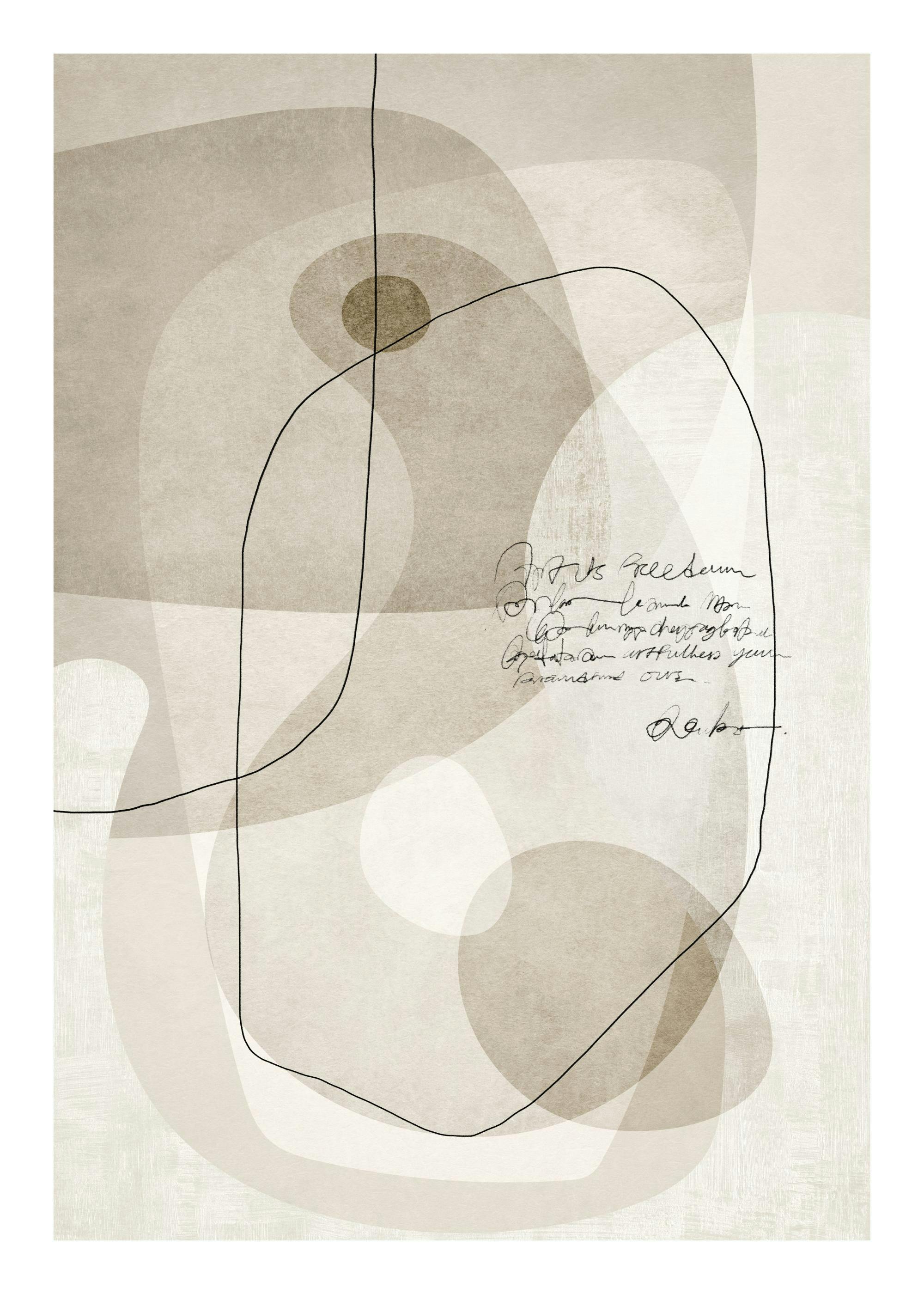 Grafische poster met abstracte beige vormen, zwarte lijnen en handgeschreven tekst, modern design voor aan de muur.