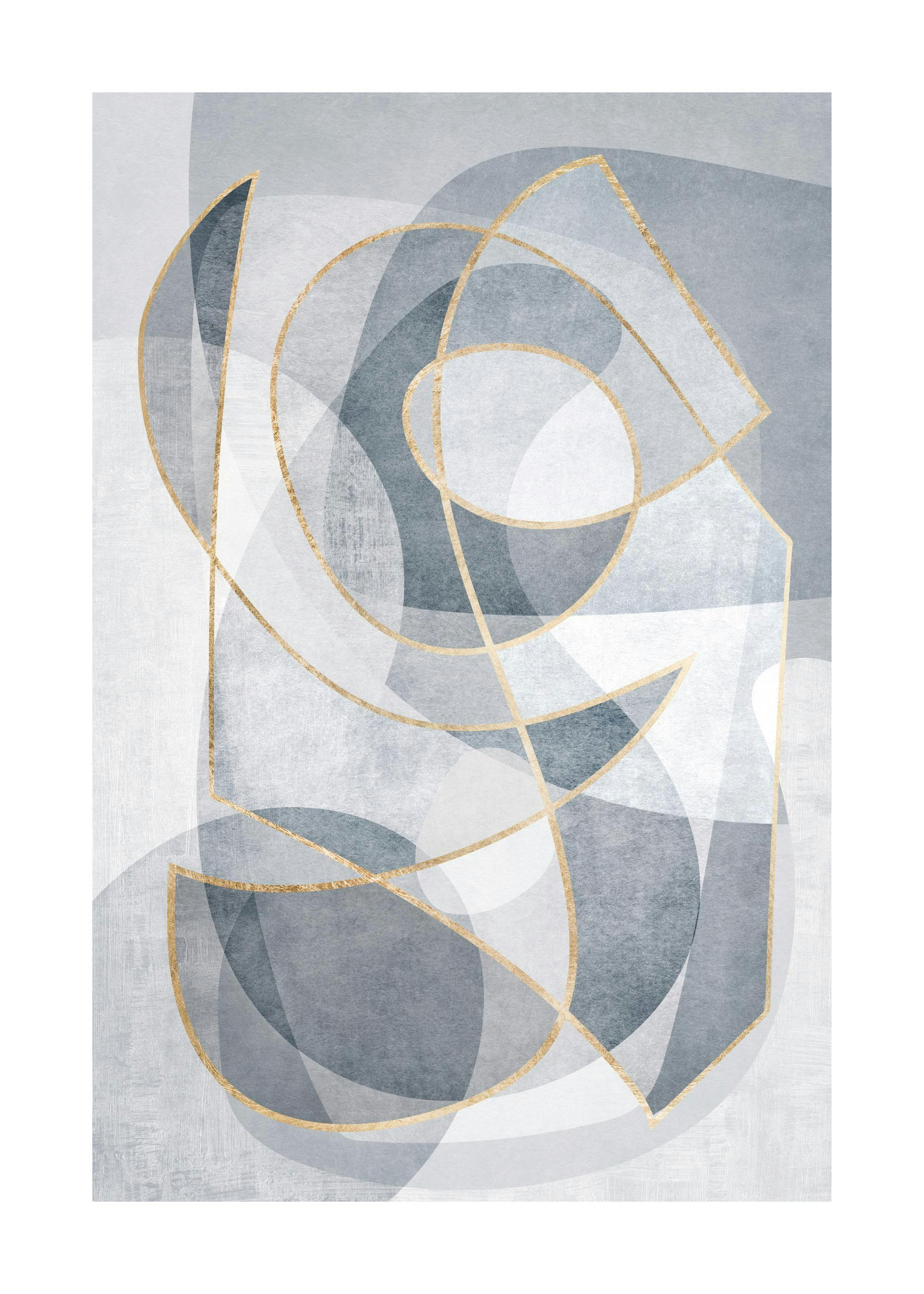 Abstraktes Poster mit grafischen Formen in Blau und Grau, akzentuiert durch goldene Linien.