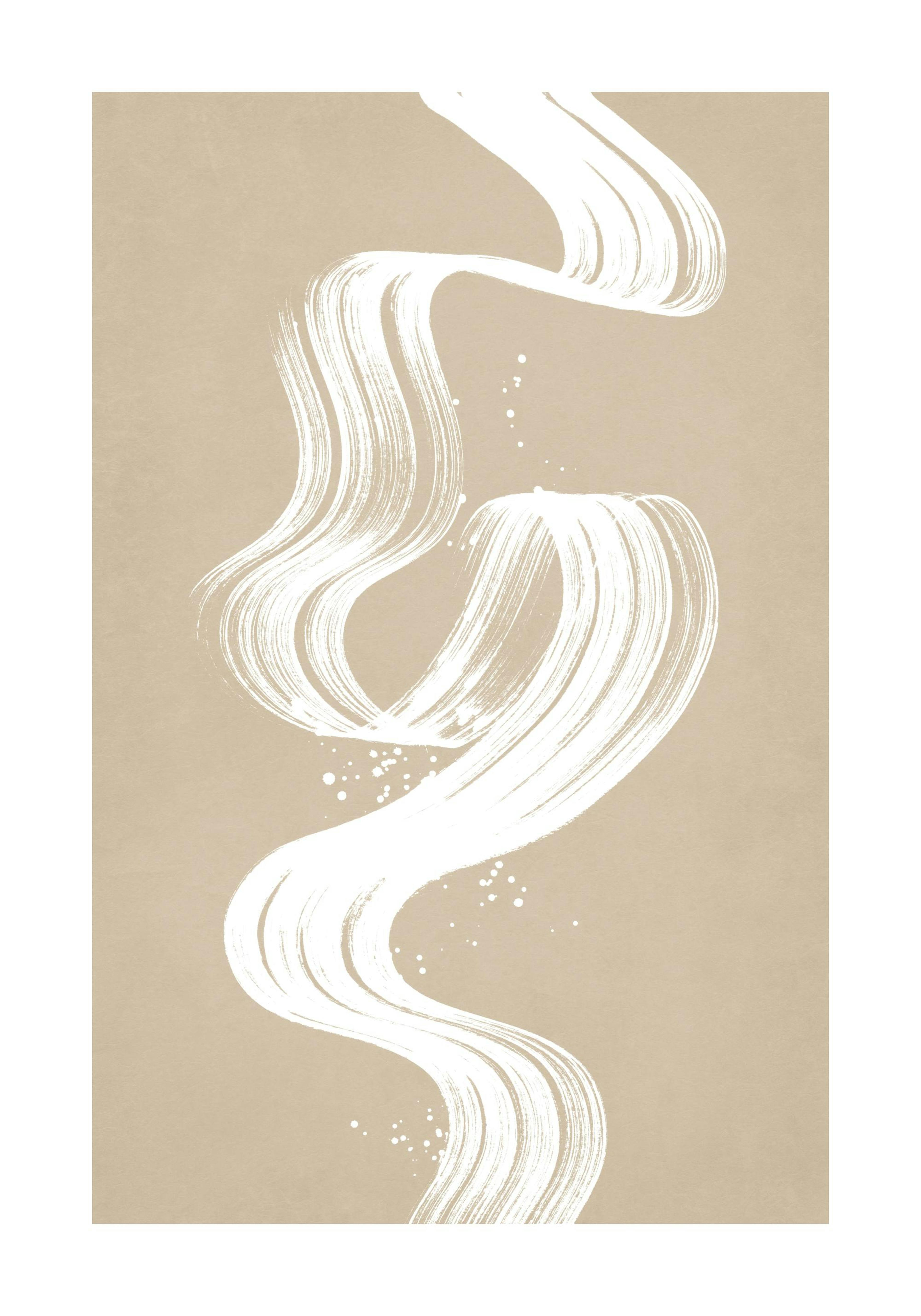 White swirl painted with a bold brush against a beige background, with white spots. Brush stroke art poster.