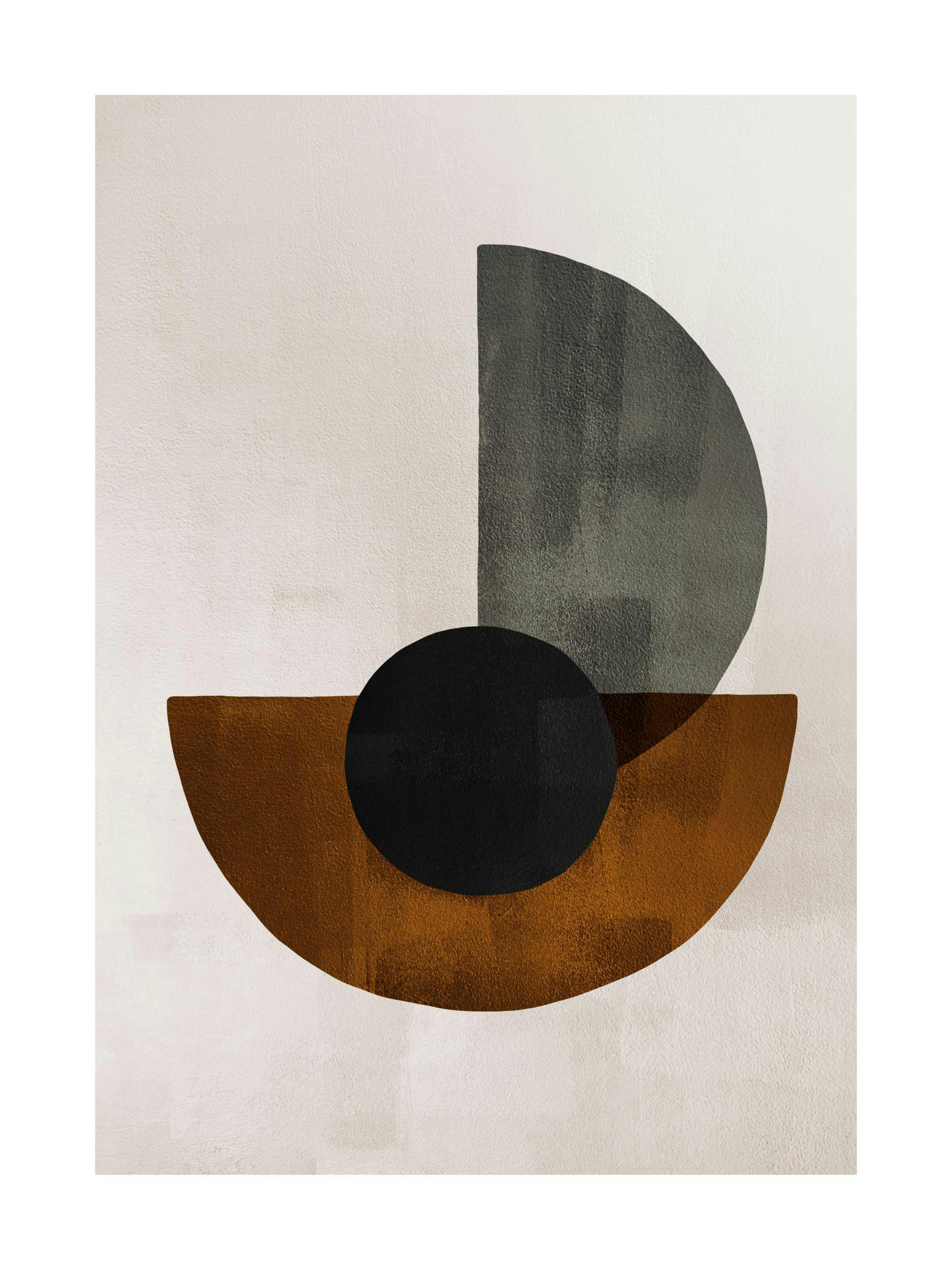 Grafisk poster med geometriska former i svart, brunt och grått på en beige bakgrund, med texturerad yta.