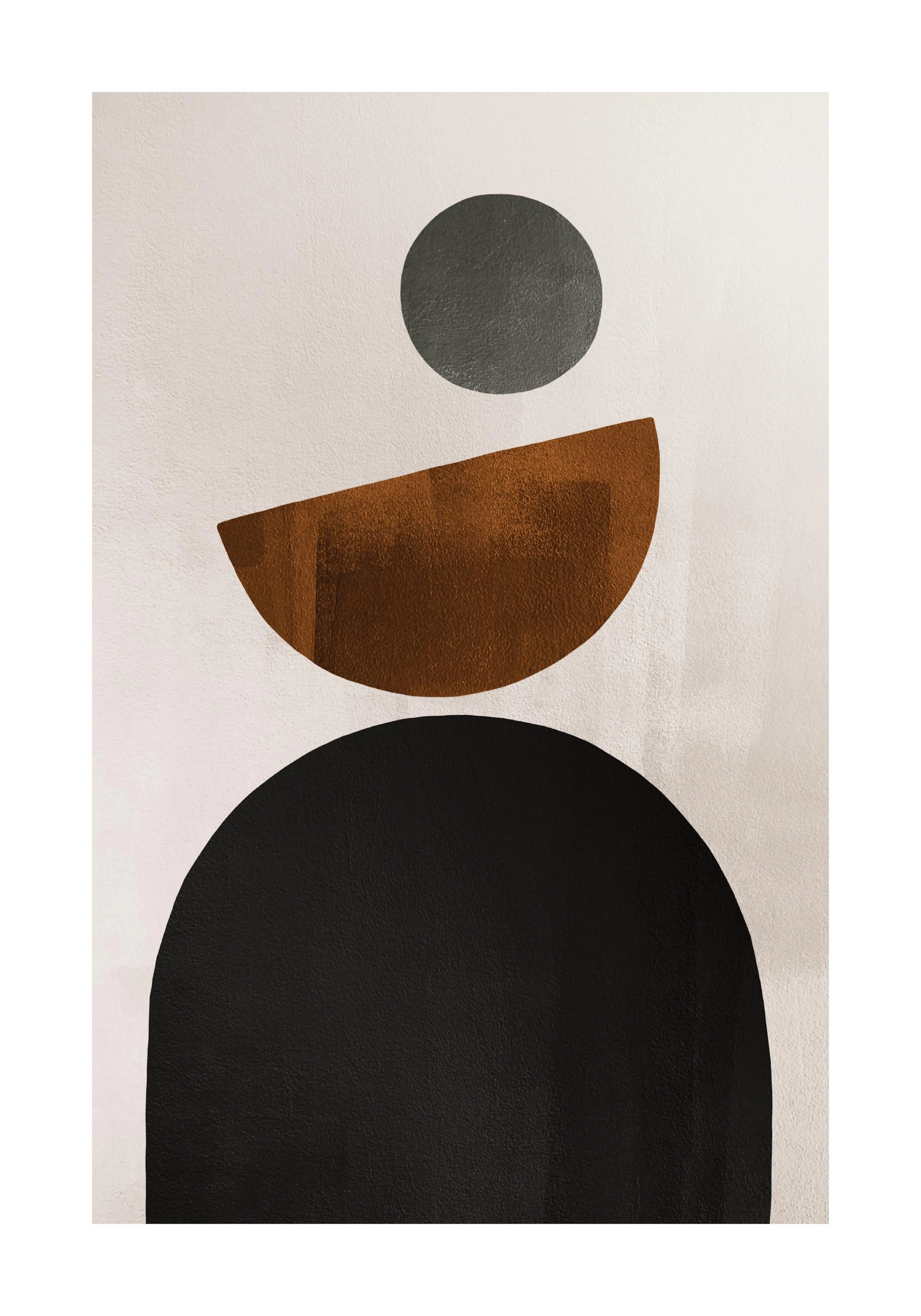 Geometric shapes print with black arch, brown half-circle, and gray circle on a beige background poster.