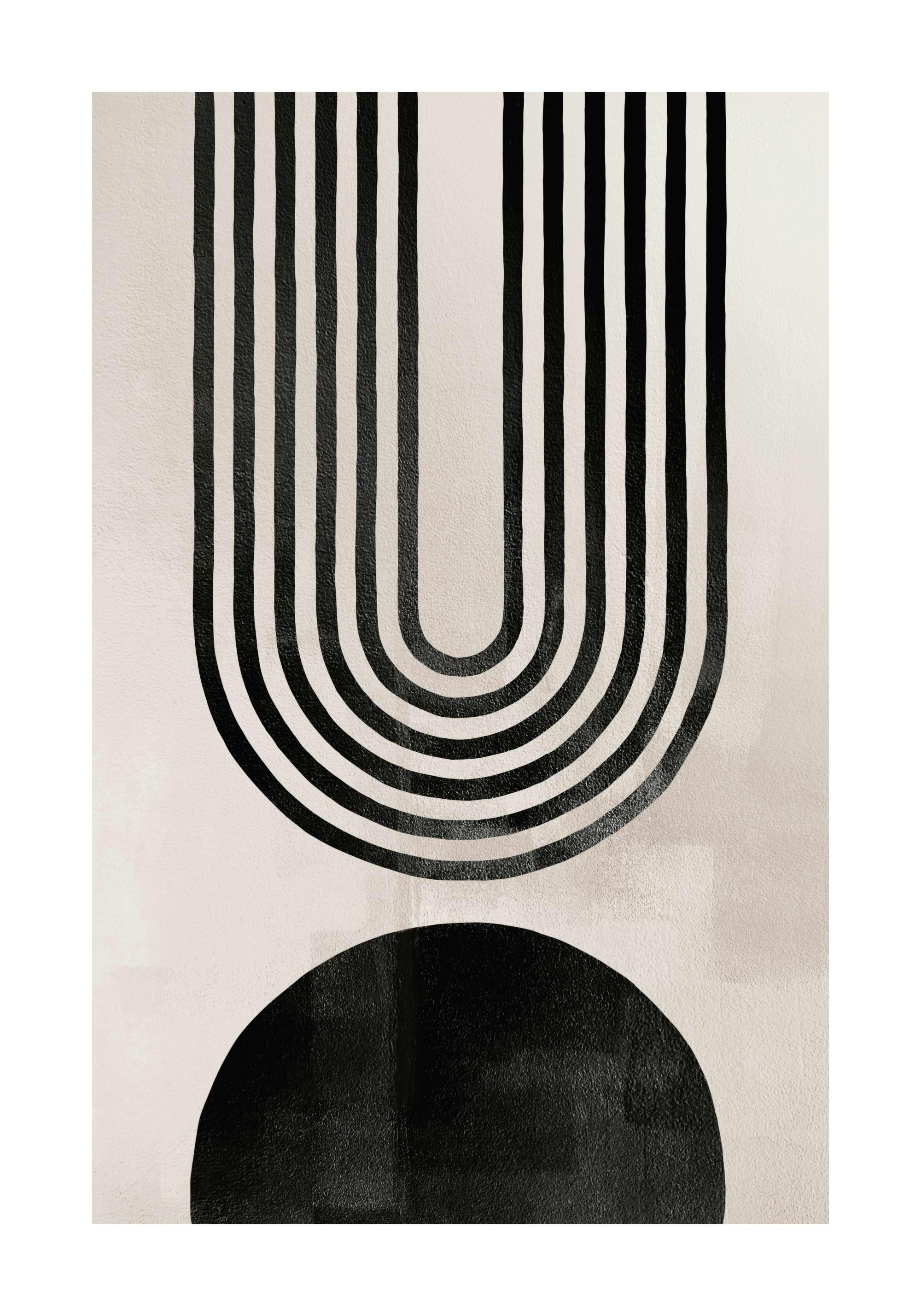 Abstrakt valv av svarta linjer med en svart form under på beige bakgrund, modern konst.