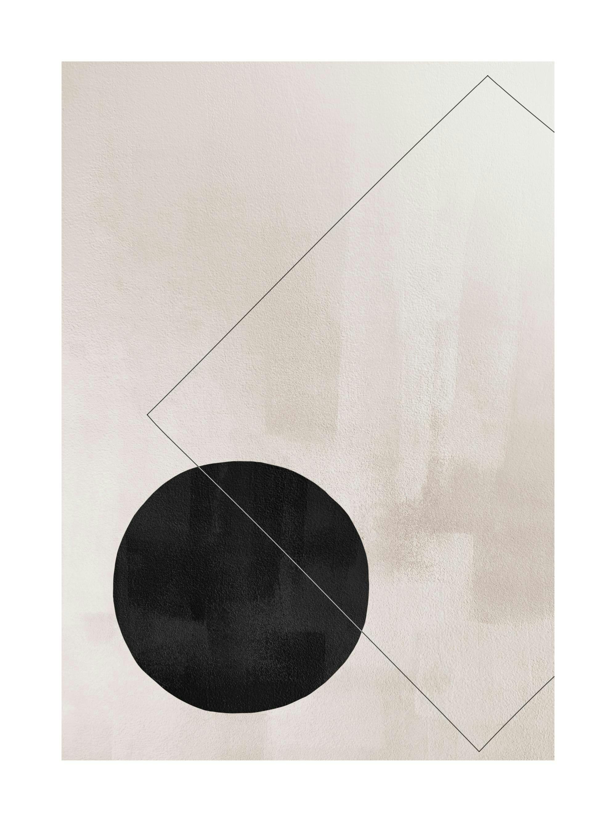 Poster astratto con quadrato e cerchio neri su sfondo beige chiaro, illustrazione grafica.