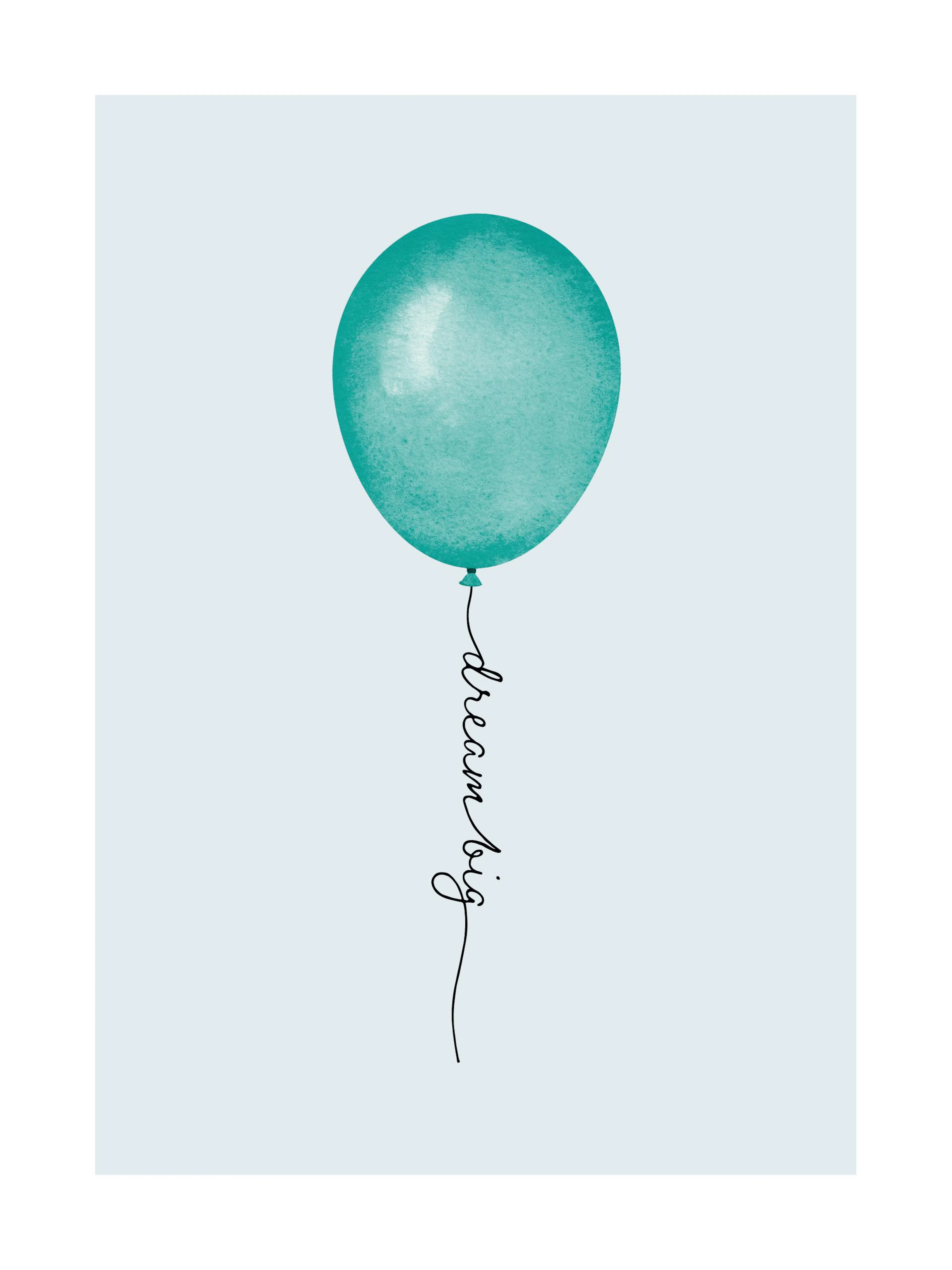 Póster inspirador de globo verde aguamarina con la frase dream big en el hilo, sobre fondo gris claro