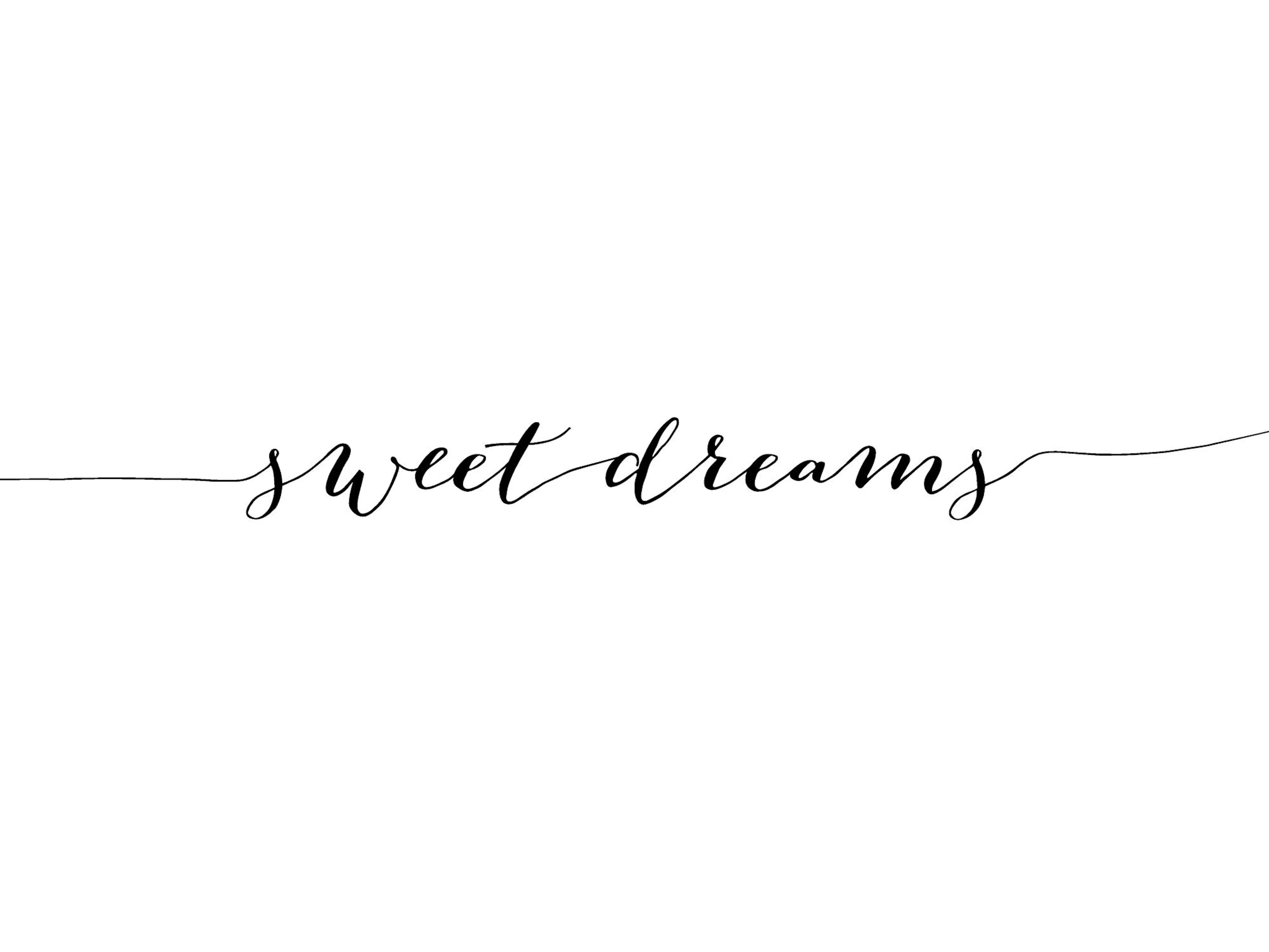 Zwart-wit poster met sierlijke, handgeschreven tekst sweet dreams in het midden.