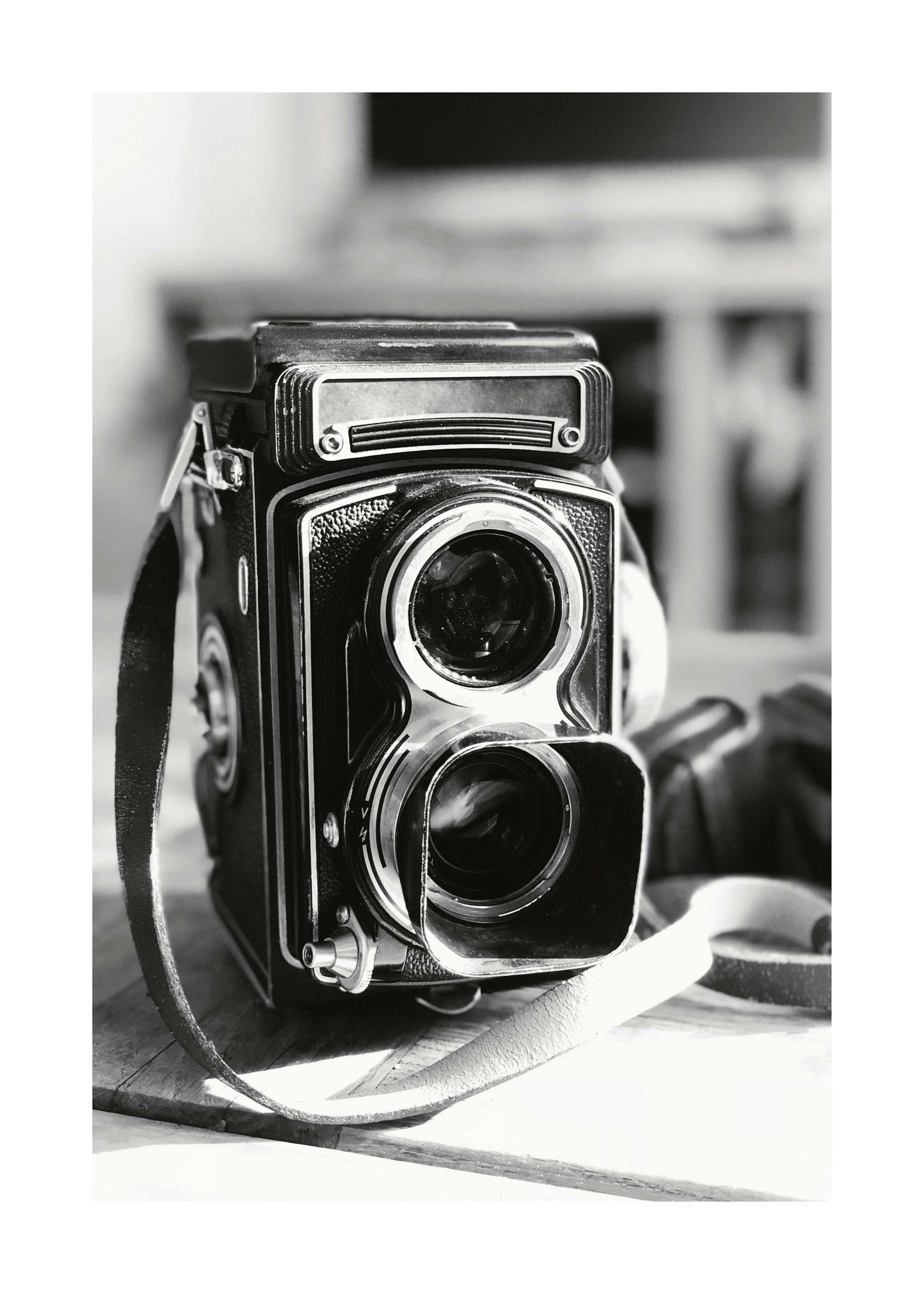Zwart-witfotoposter van een vintage camera, met leren band en twee lenzen, een klassiek retro-ontwerp