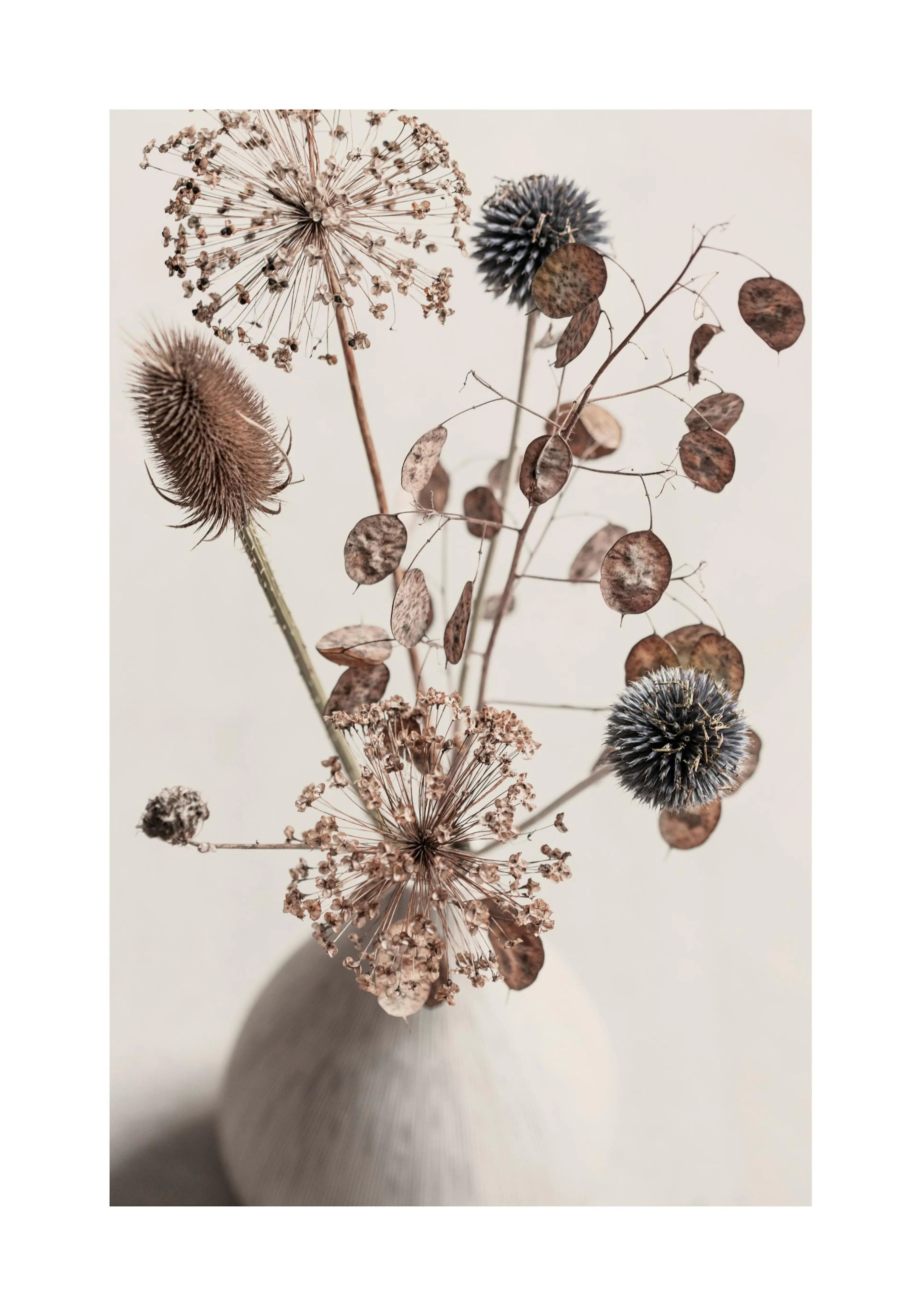 Foto van een boeket gedroogde bloemen in een beige vaas, met bruine en blauwpaarse tinten.