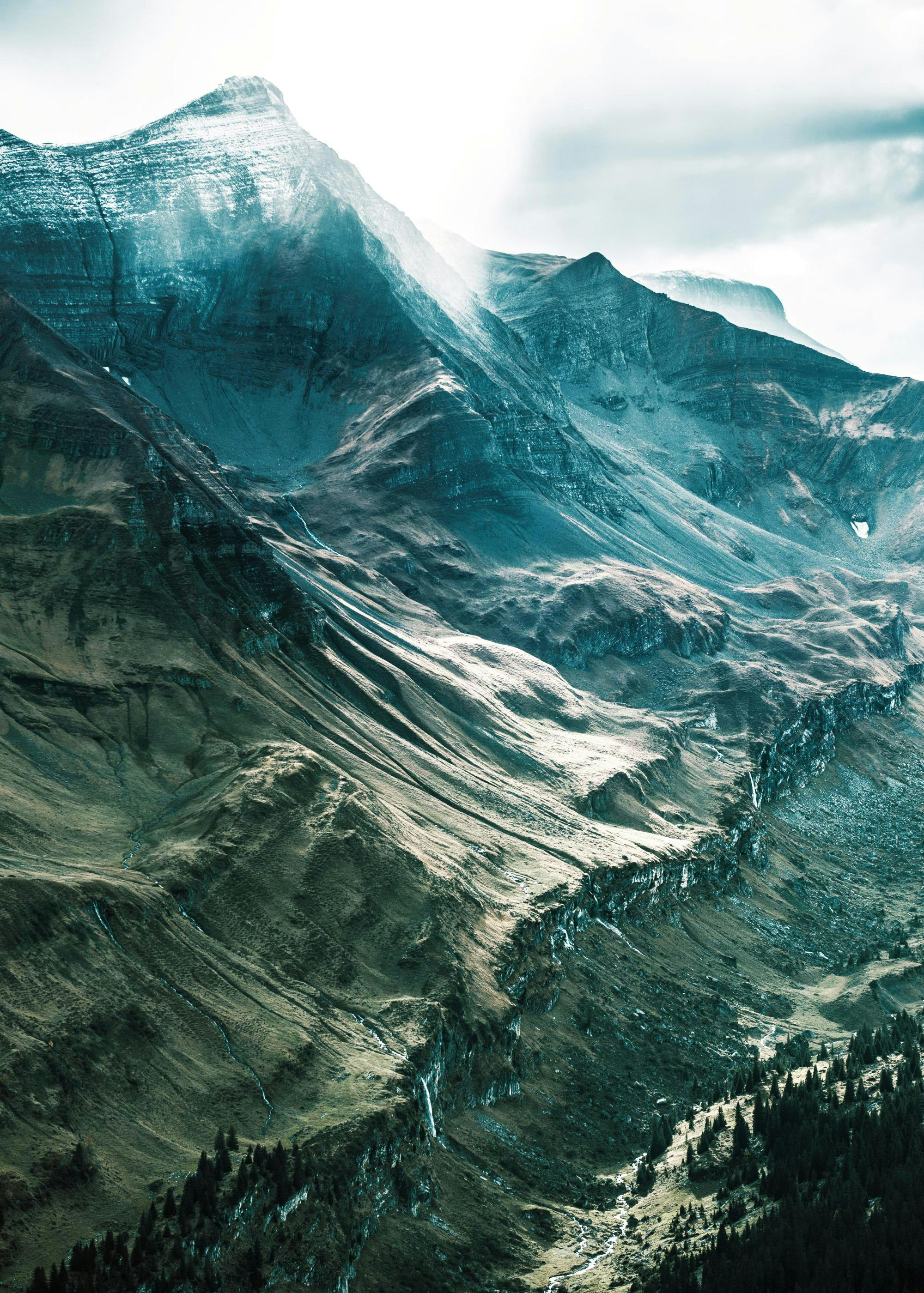 Mountain Mist Print poster featuring green mountains with mist-covered peaks and evergreen trees.