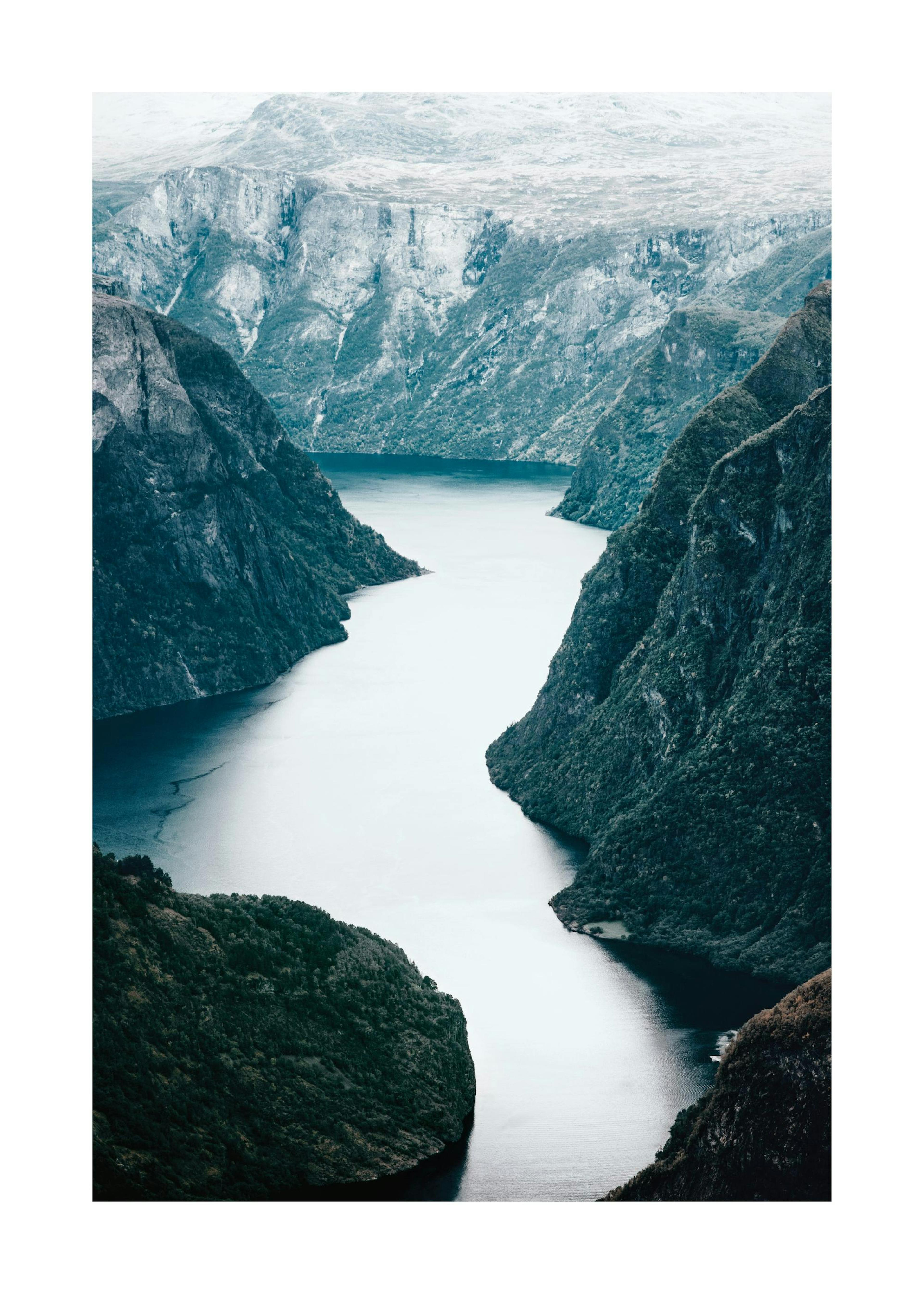 Scandinavian mountain landscape poster with a wide river flowing through steep, dark green mountains and light gray peaks.