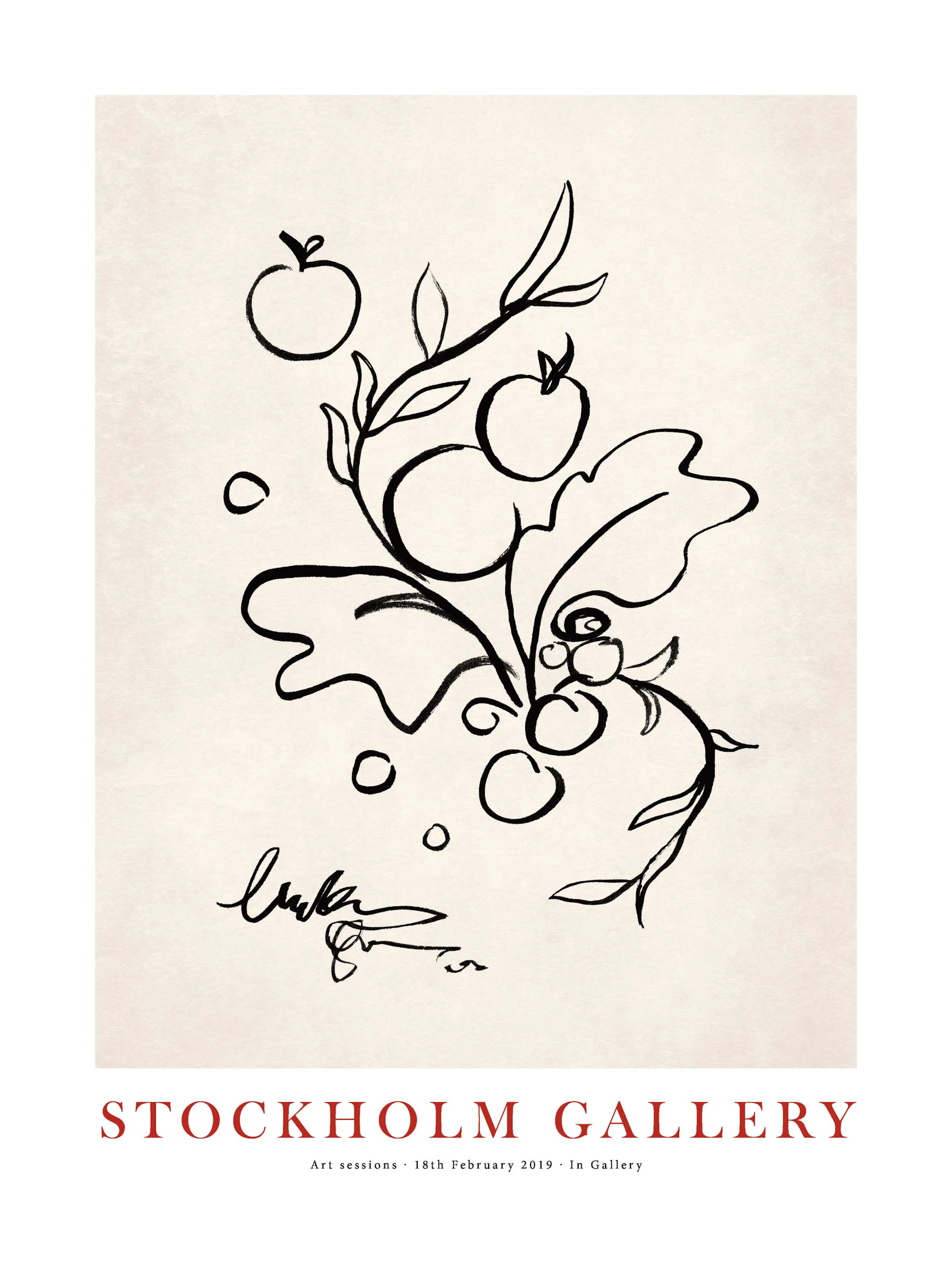 Handpainted black line drawing of leaves and berries on a beige background, Stockholm Gallery art poster.