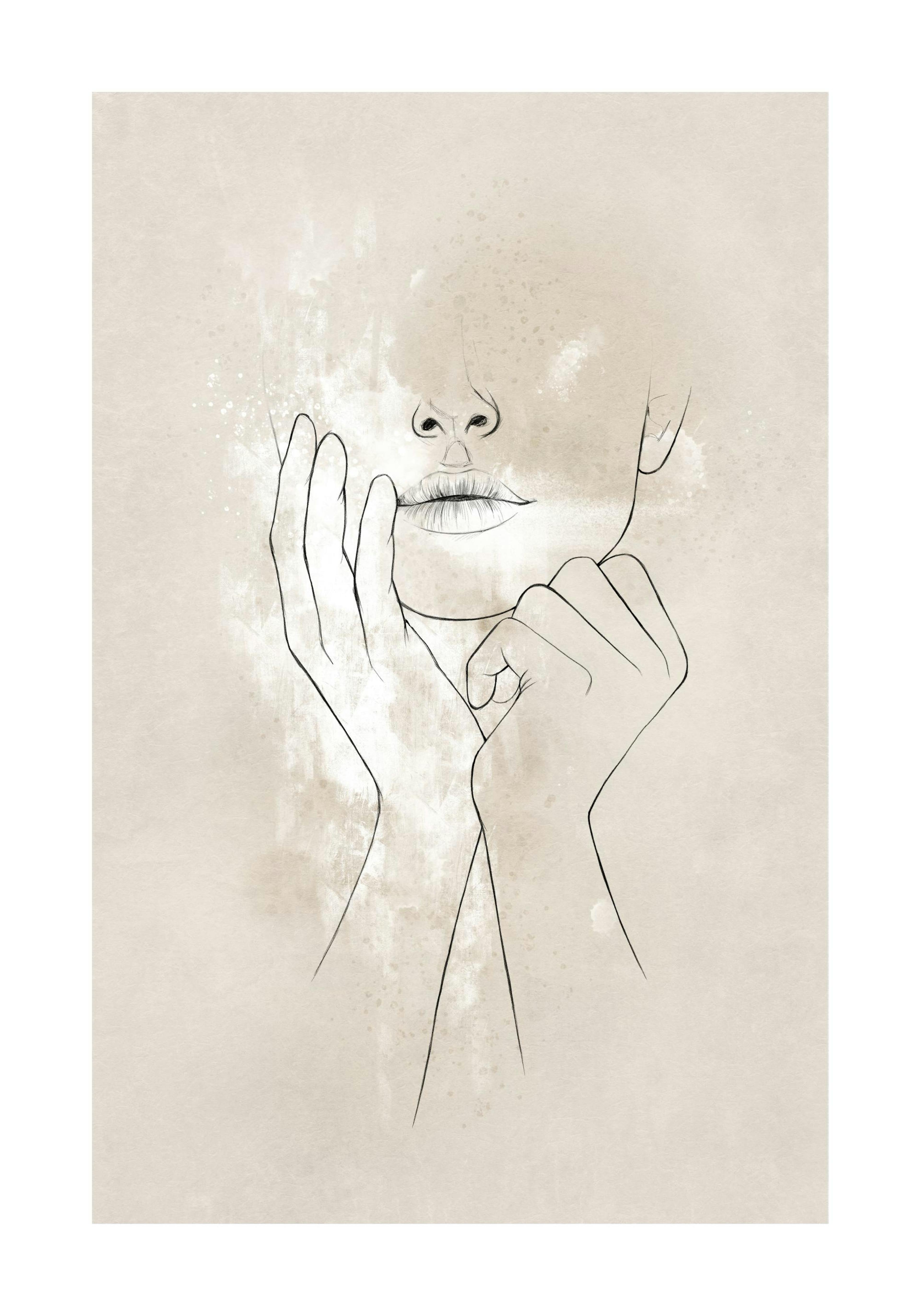 Affiche Female Shape No2, visage de femme avec mains sur fond beige et blanc, lignes fines