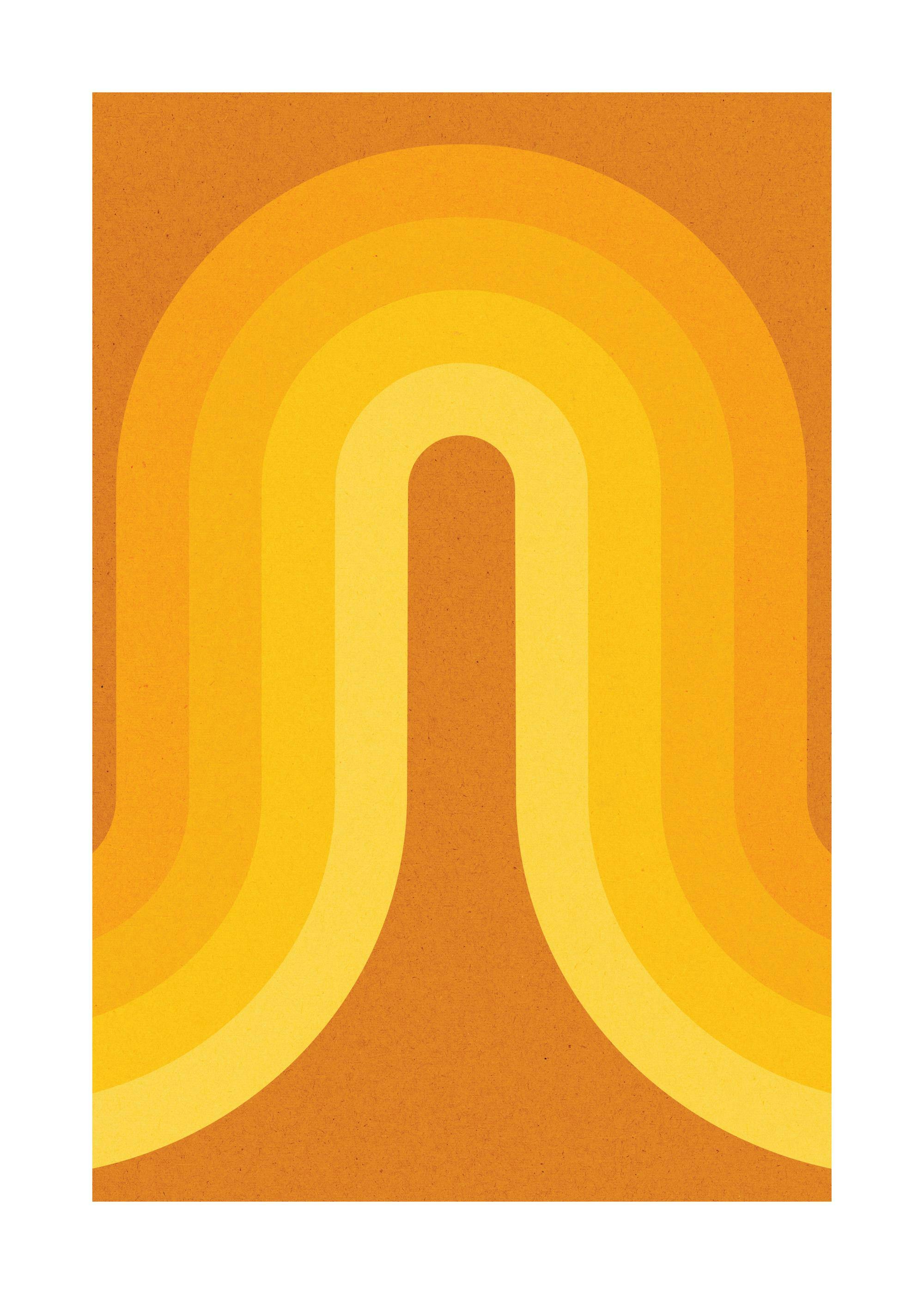 Retro rainbow print with arched bands in varying shades of orange and yellow, creating a vibrant, vintage aesthetic.
