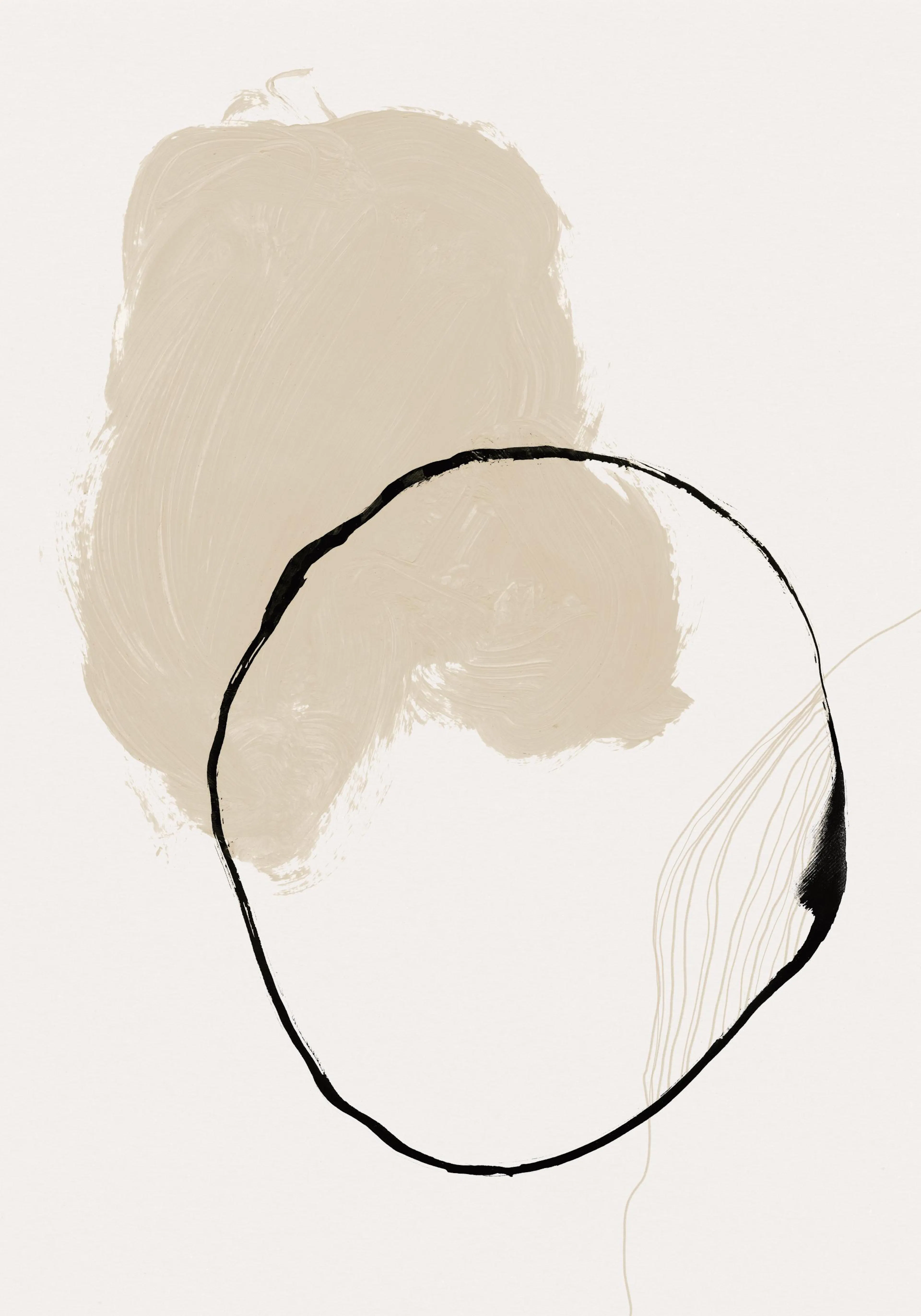 Minimalismus-Poster: Beiges Rechteck mit schwarzem Kreis und dünnen Linien auf hellem Hintergrund