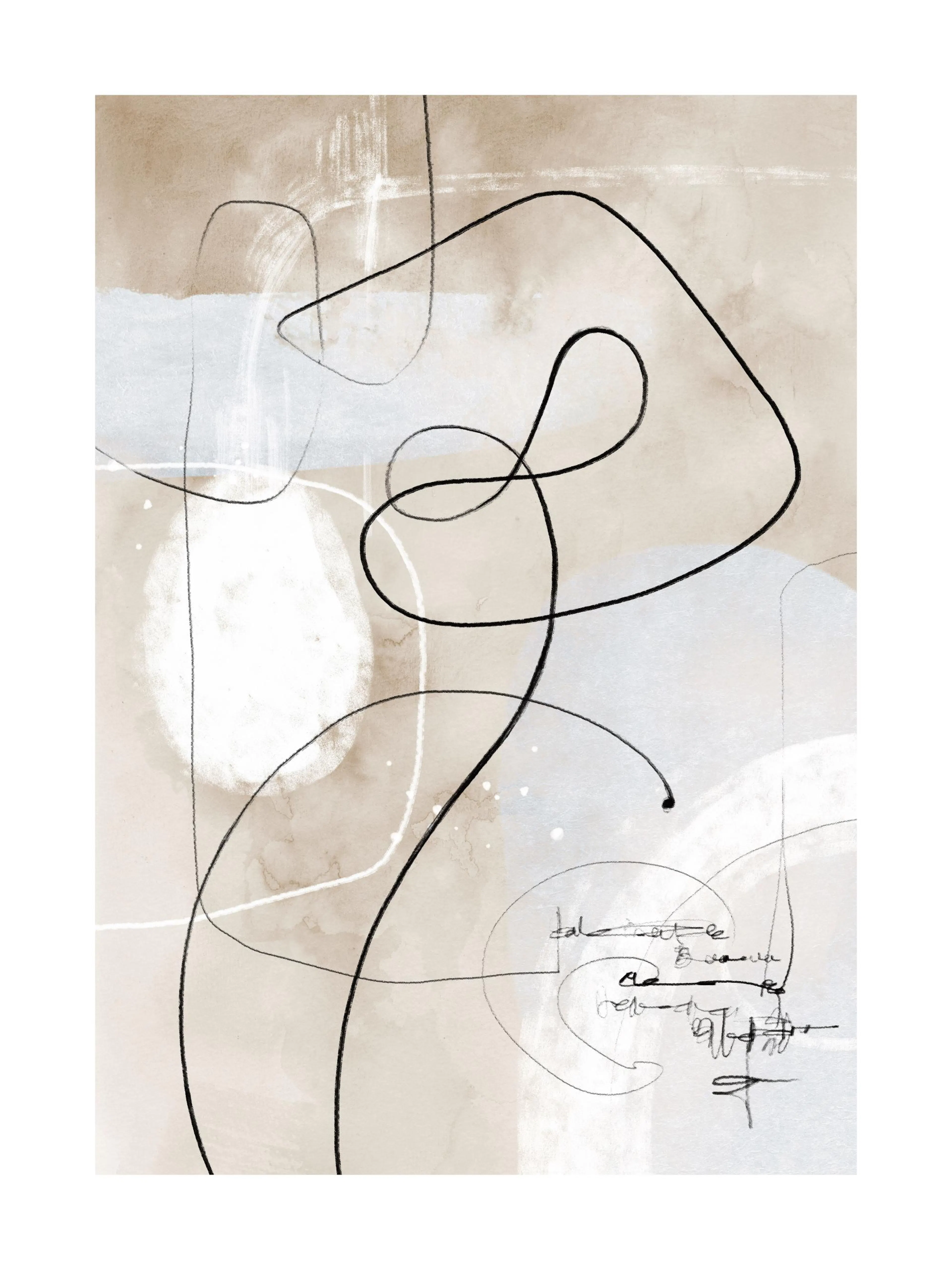 Affiche abstraite Soft Abstract Lines No1 avec lignes noires et formes sur fond beige aquarelle