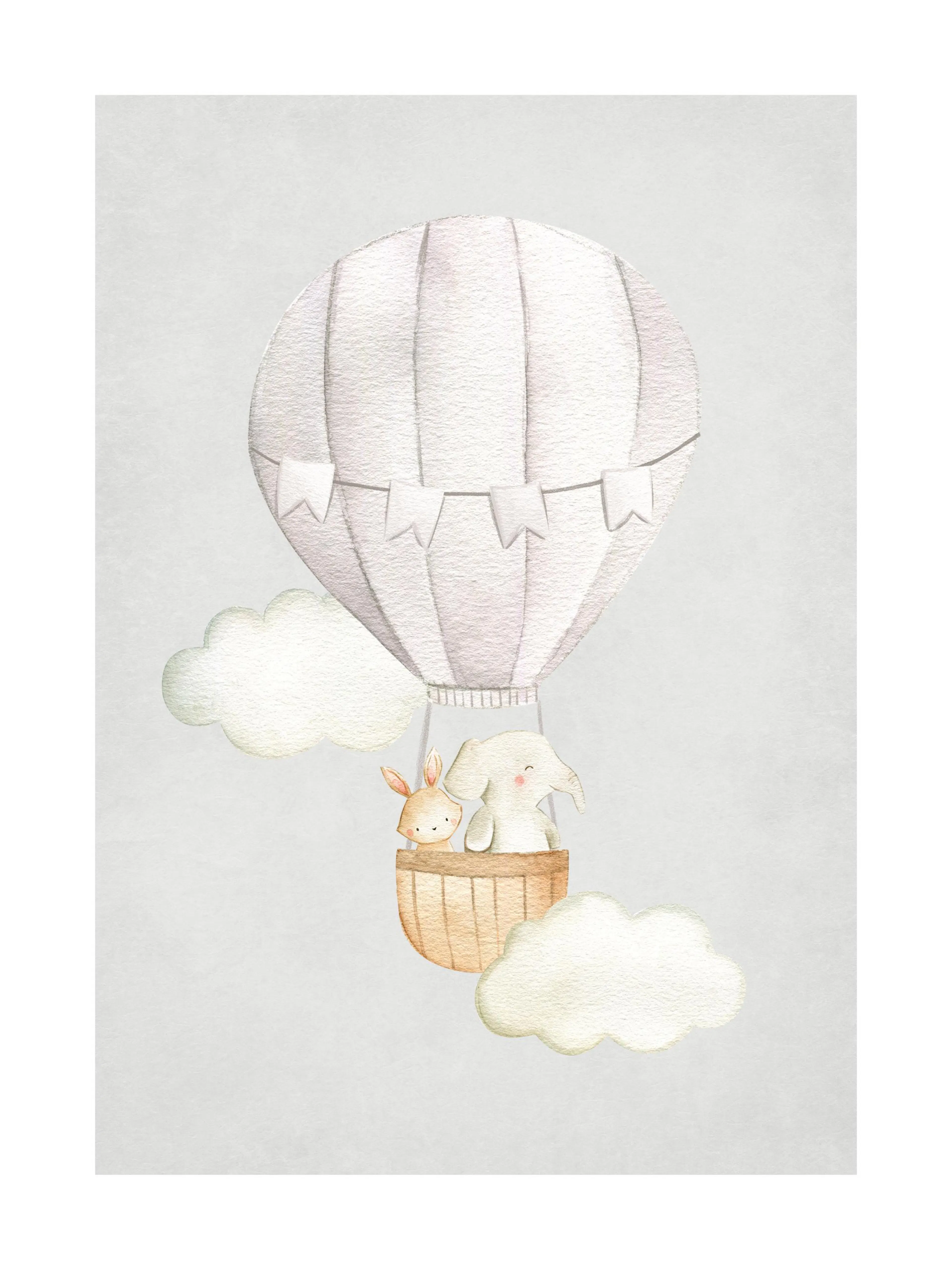 Aquarel poster van een witte heteluchtballon met een konijn en olifantje in de mand, omringd door wolken.