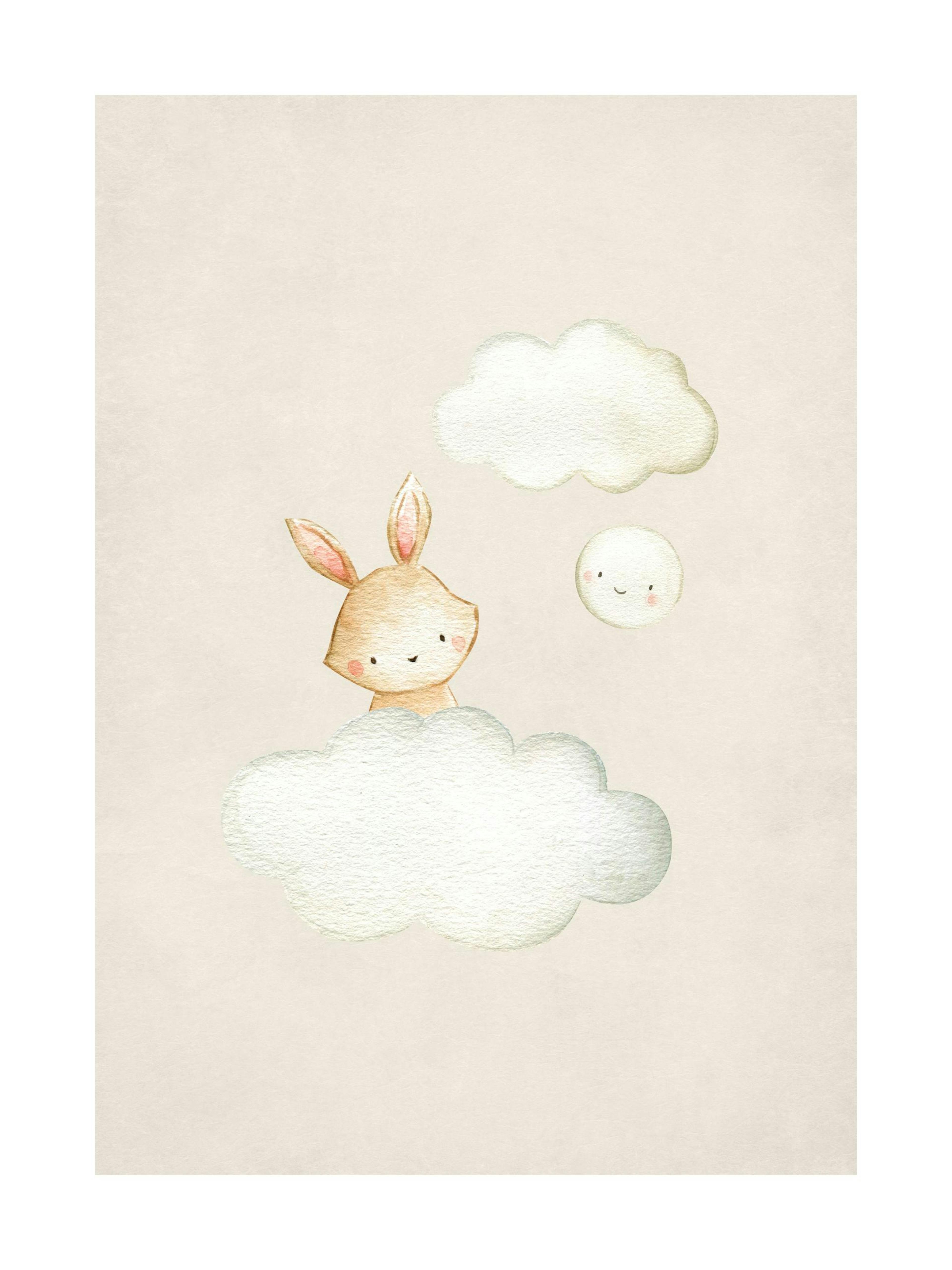Watercolor art print of a cute bunny in a cloud with a smiling moon and small cloud, soft colors, nursery poster.