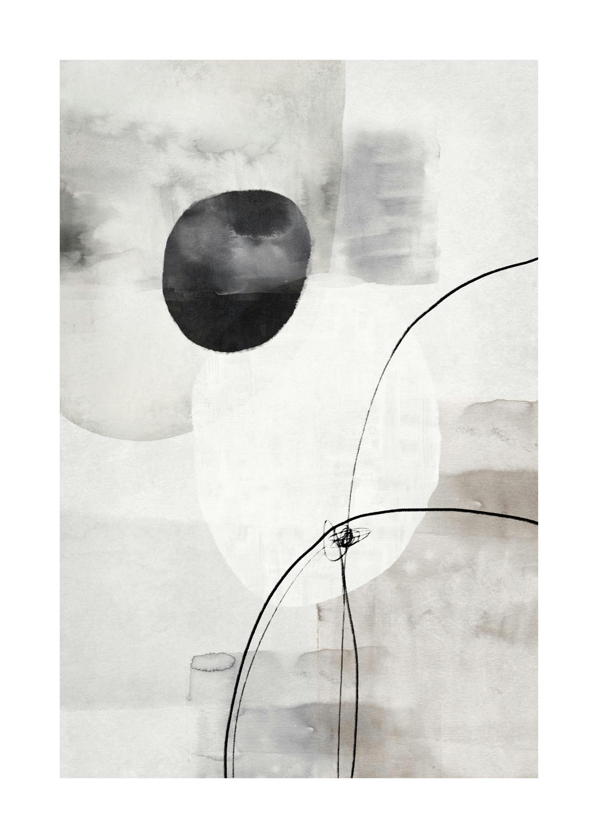 Abstract art poster with black, grey, and white shapes, featuring a large black oval and flowing black lines.