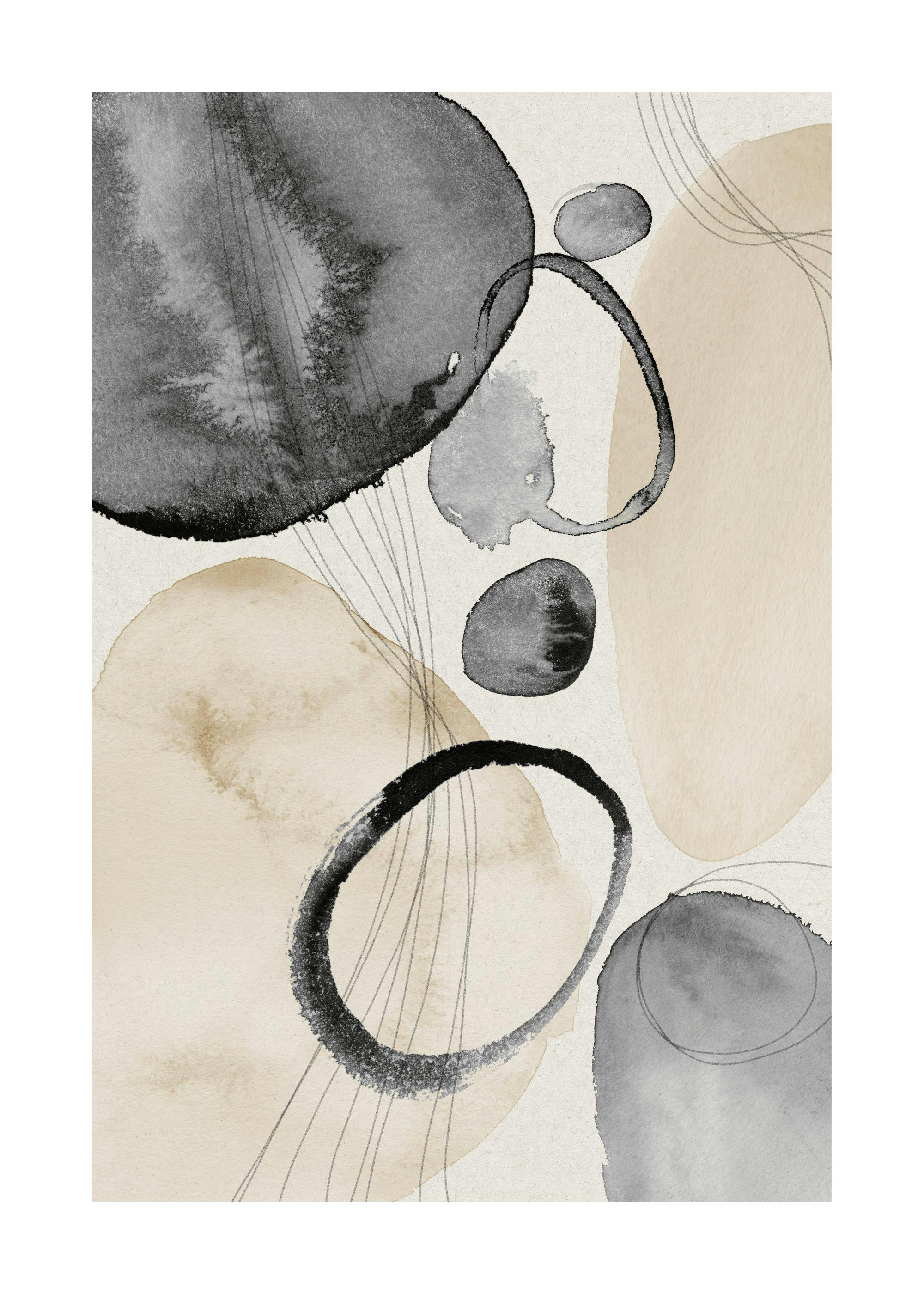 Watercolor Circles No1 print featuring beige and grey abstract watercolor circles, with delicate black line art accents.