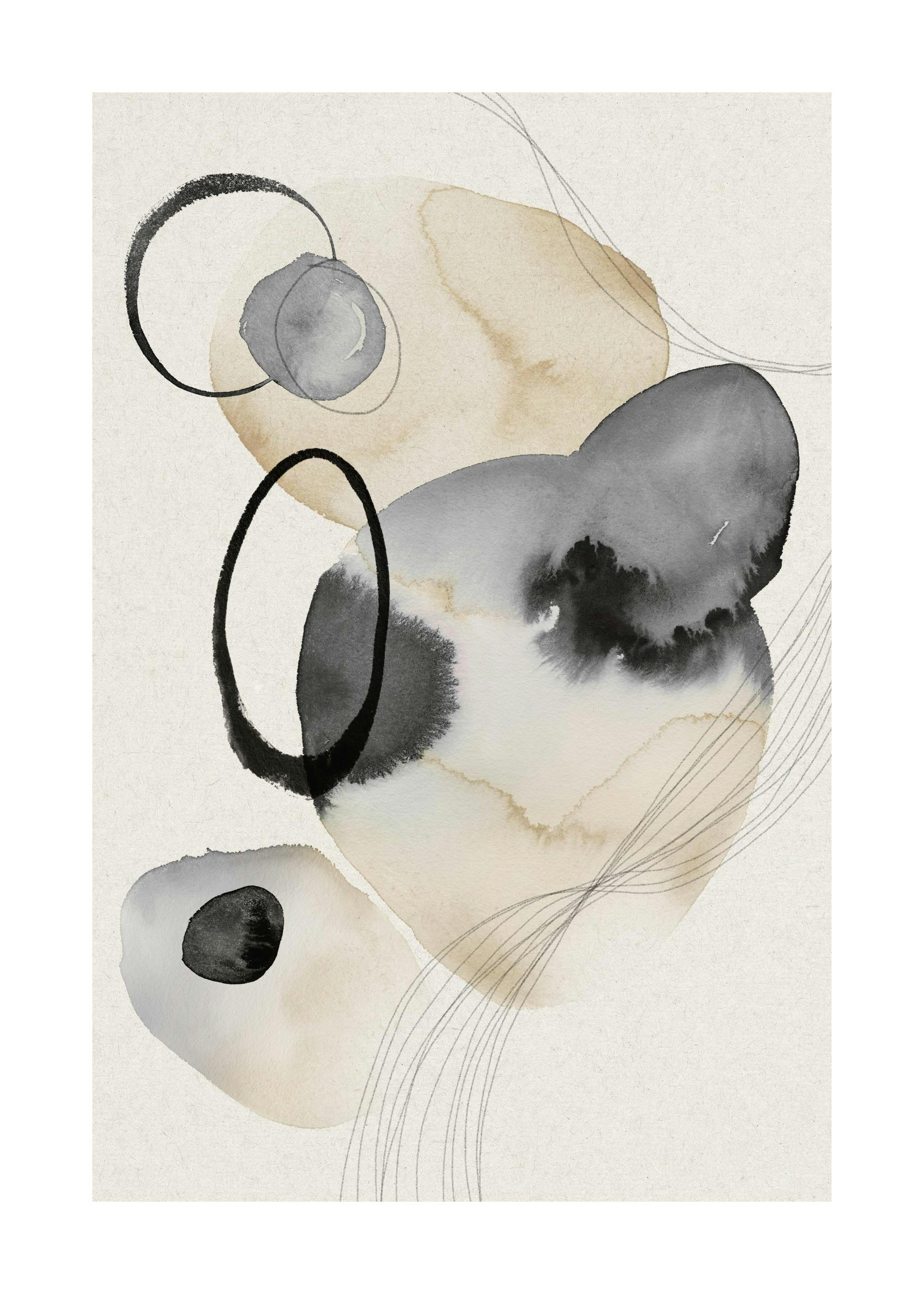 Plagát s akvarelovými kruhmi v odtieňoch šedej a béžovej, s tenkými čiernymi obrysmi a vlnovkami.
