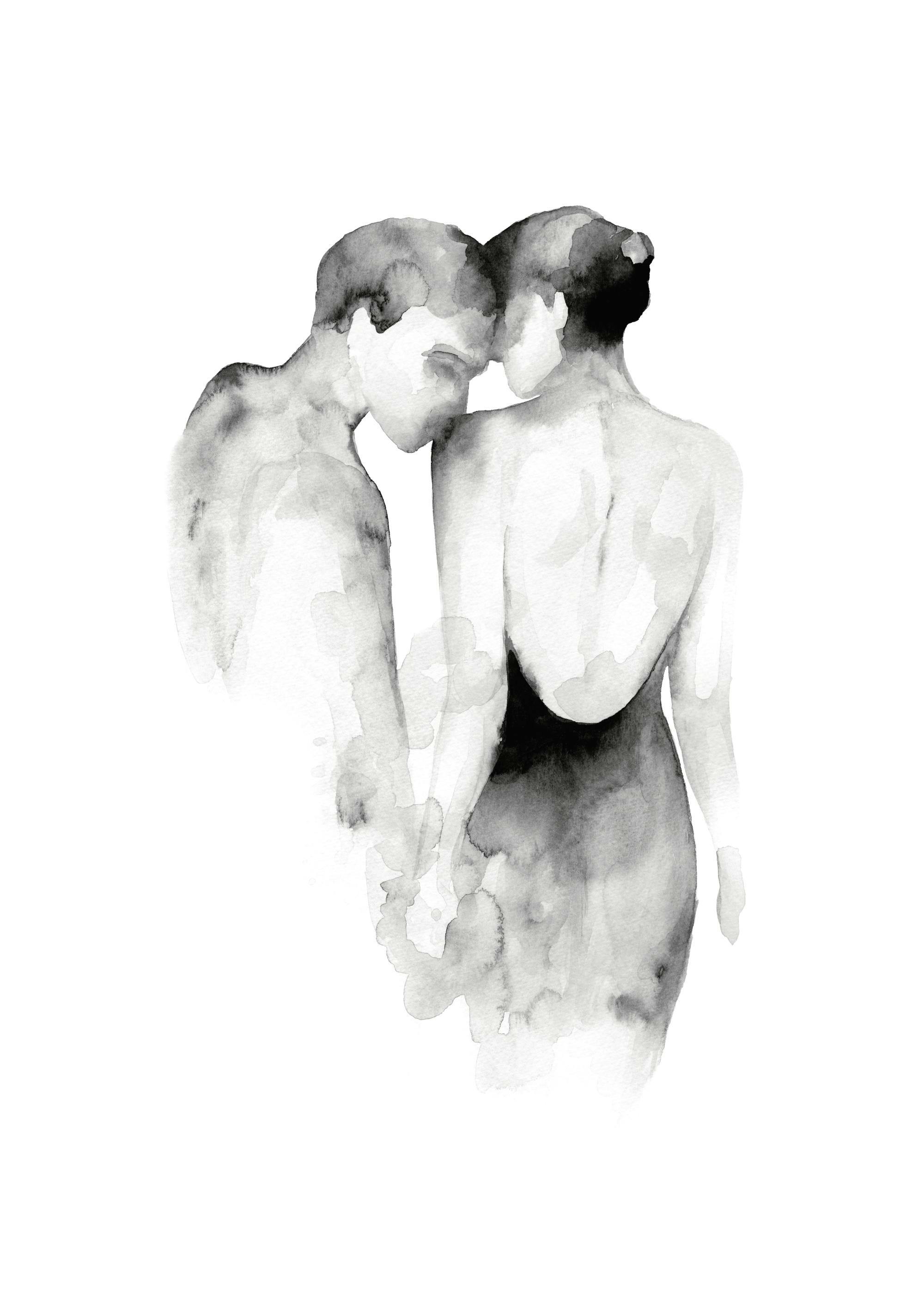 Poster acquerello coppia, uomo che bacia la spalla della donna, arte romantica in bianco e nero
