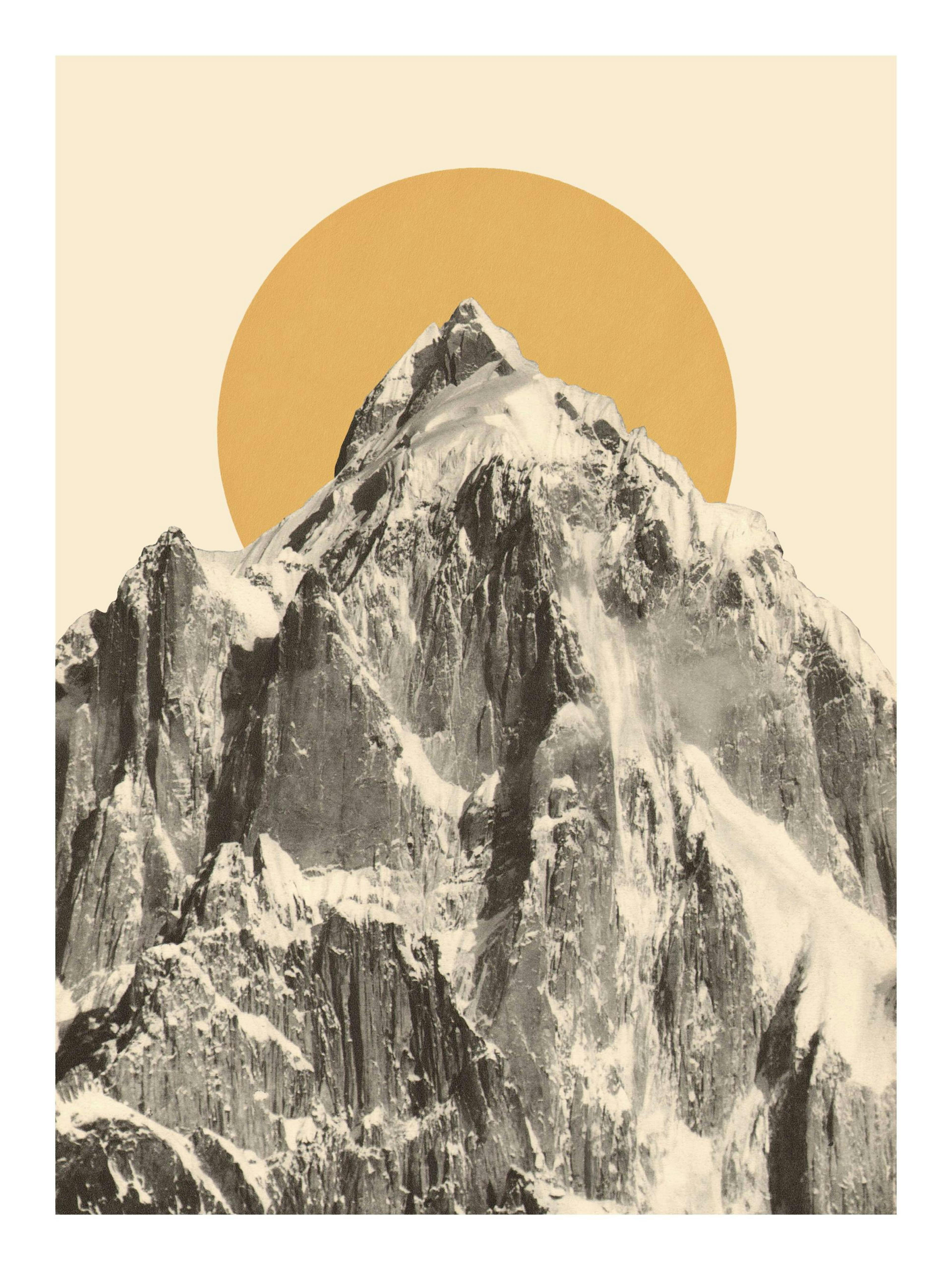 Florent Bodart Mountainscape No2 Poster: Schwarz-weiße, schneebedeckte Berggipfel vor einem orangefarbenen Kreis und beigem Hint