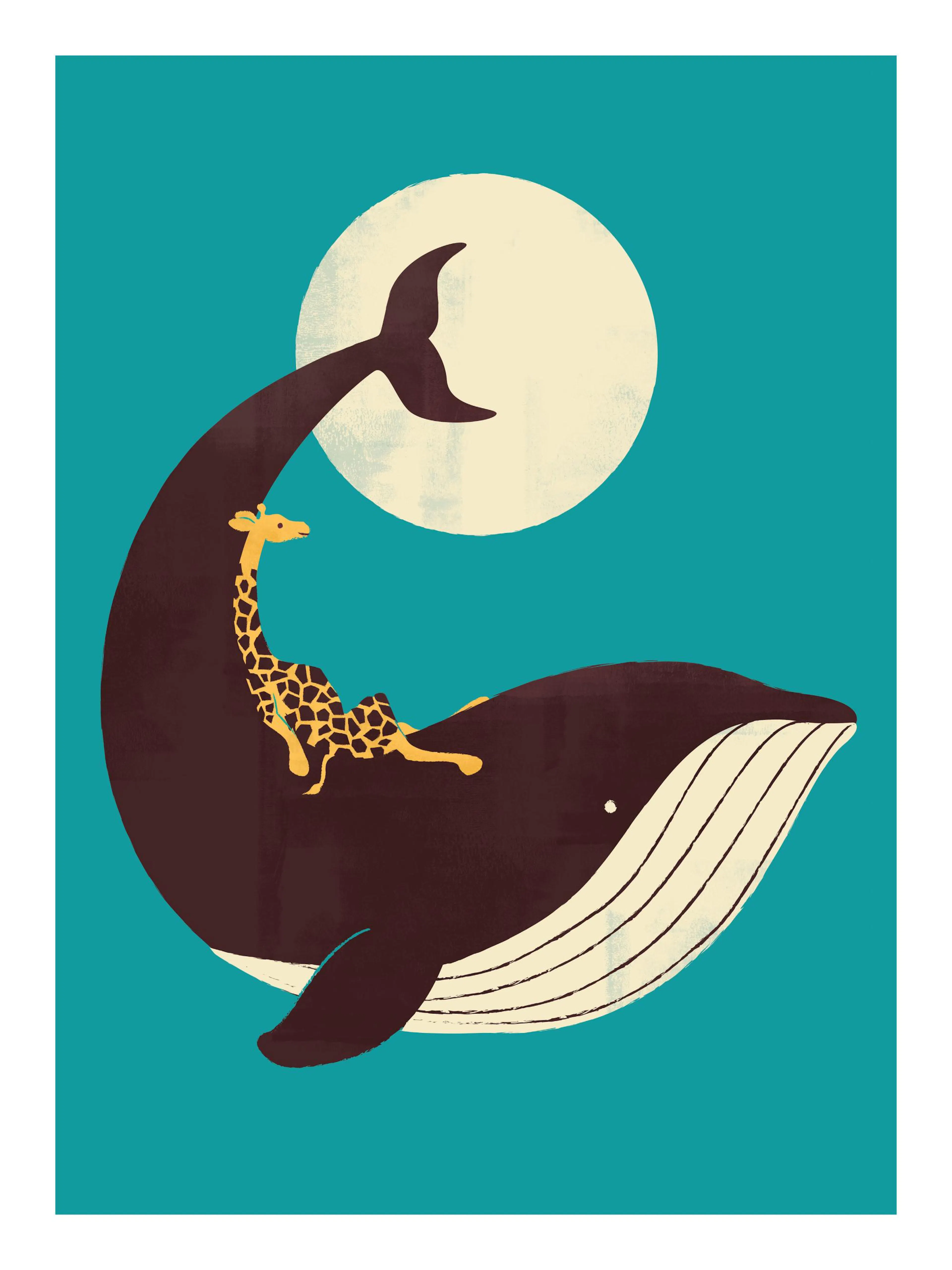 Póster de una ballena marrón con una jirafa amarilla y naranja sentada en su lomo, sobre un círculo blanco en un fondo turquesa.